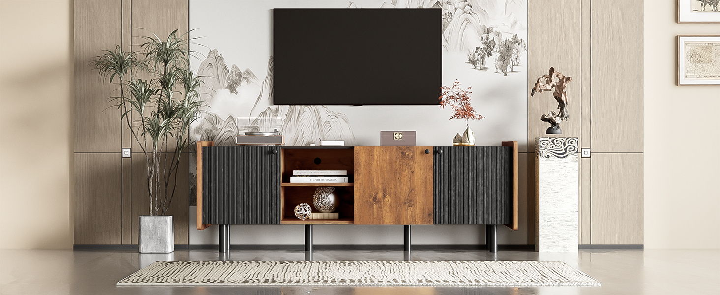 Mid Century TV Stand With 3 Cabinets, Media Console Table For Tvs Up To 70'', Entertainment Center With Storage For Living Room - Black / Brown