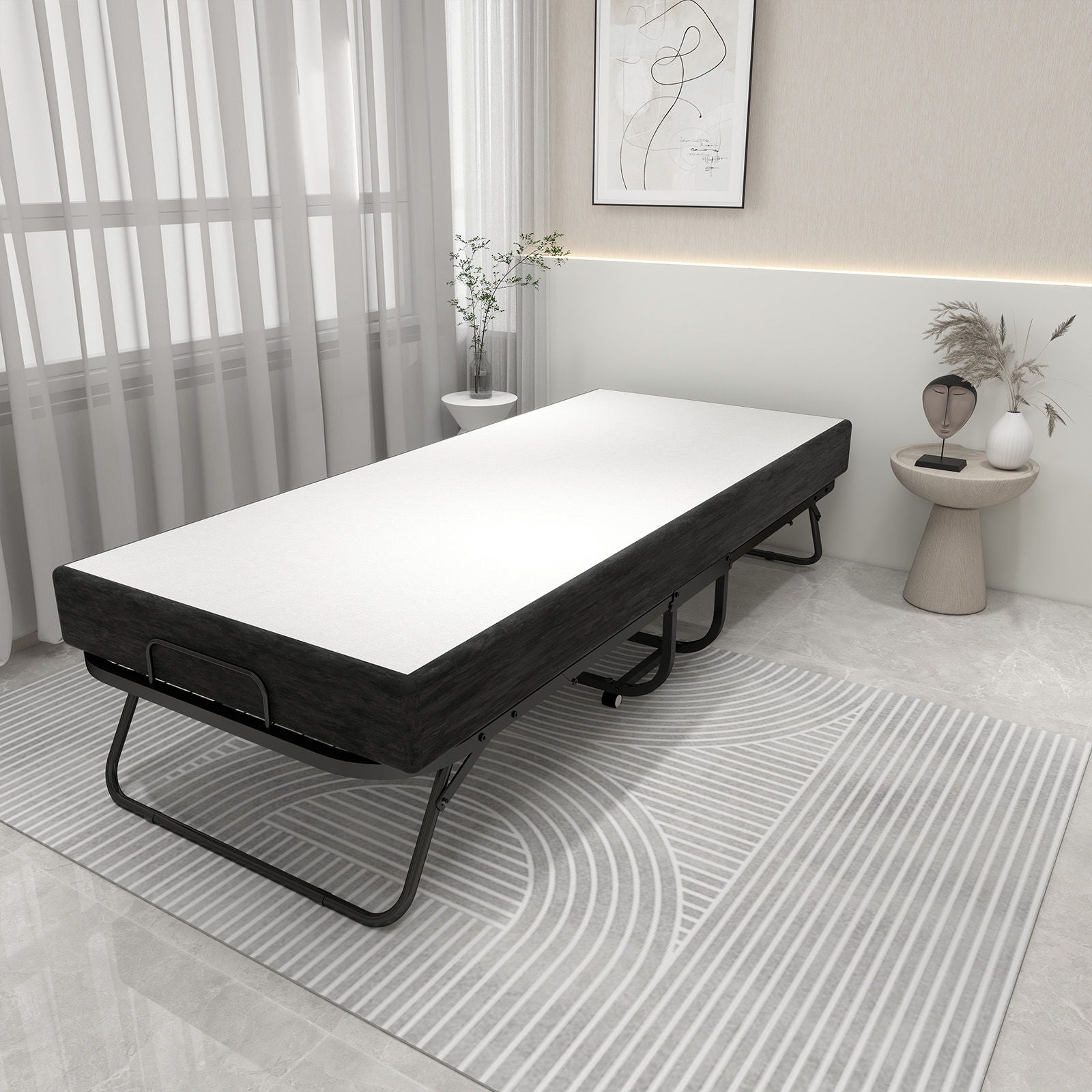 Deluxe - Twin Size Diplomat Folding Bed, Luxurious Memory Foam Mattress And Sturdy - White / Black
