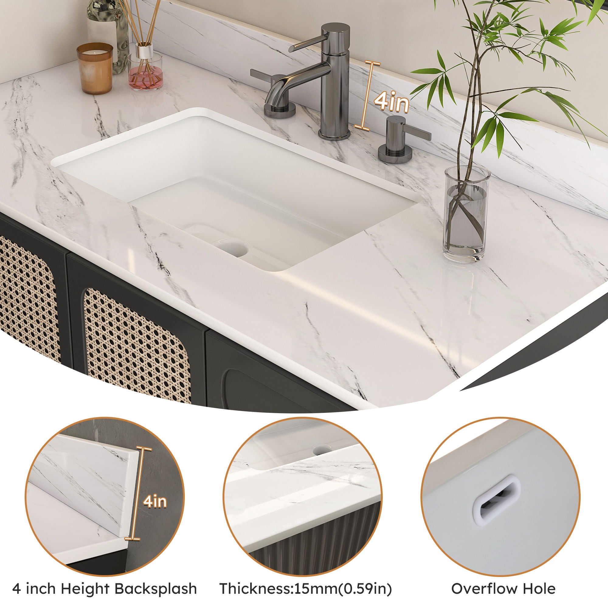 Bianco Carrara Venato Elegant Marble Vanity Top, Bathroom Vanity With Undermount Sink, Sintered Stone