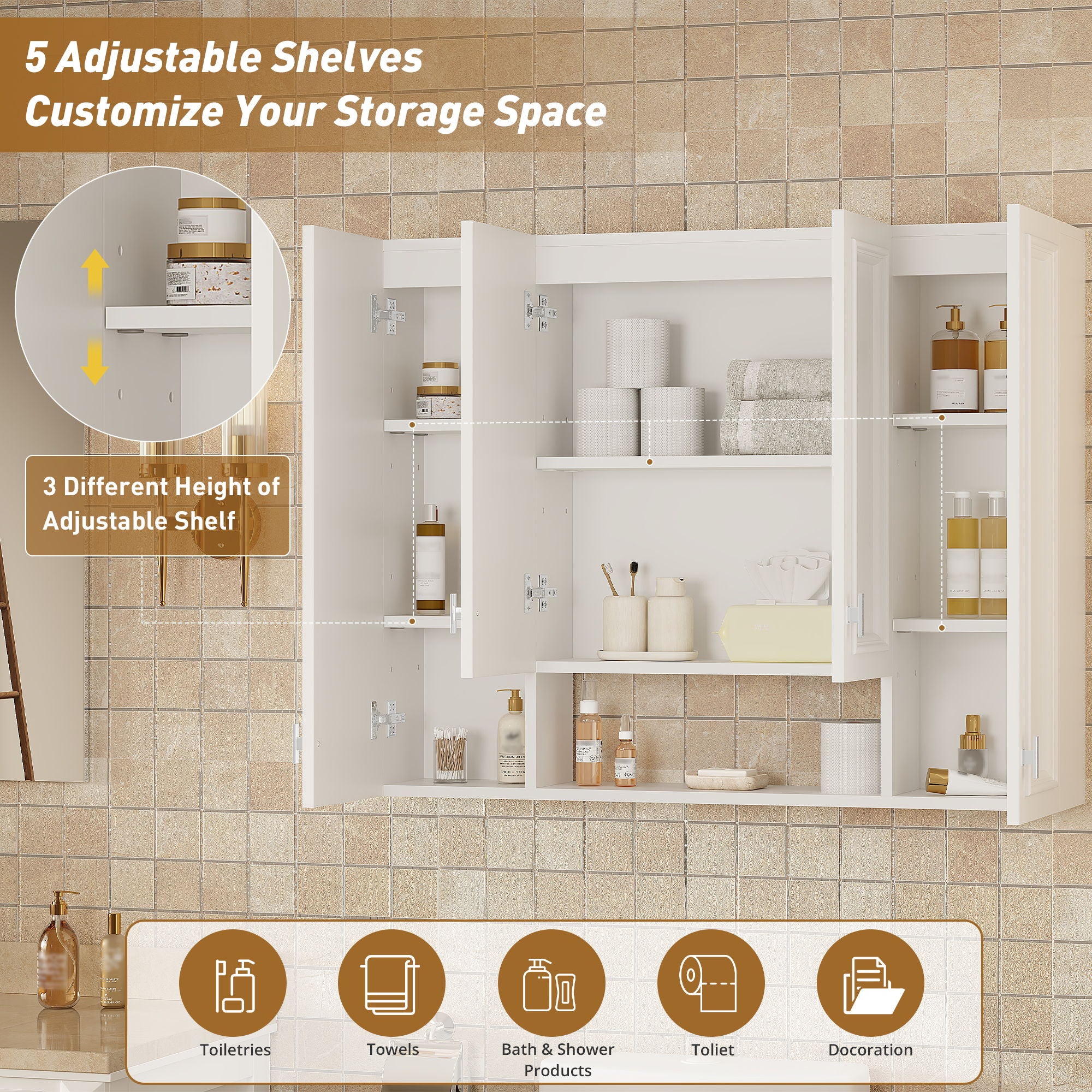 Bathroom Cabinet With 5 Adjustable Shelves, Wall-Mounted Medicine Cabinet, Soft-Closing Hinges, Open Shelving Design - White