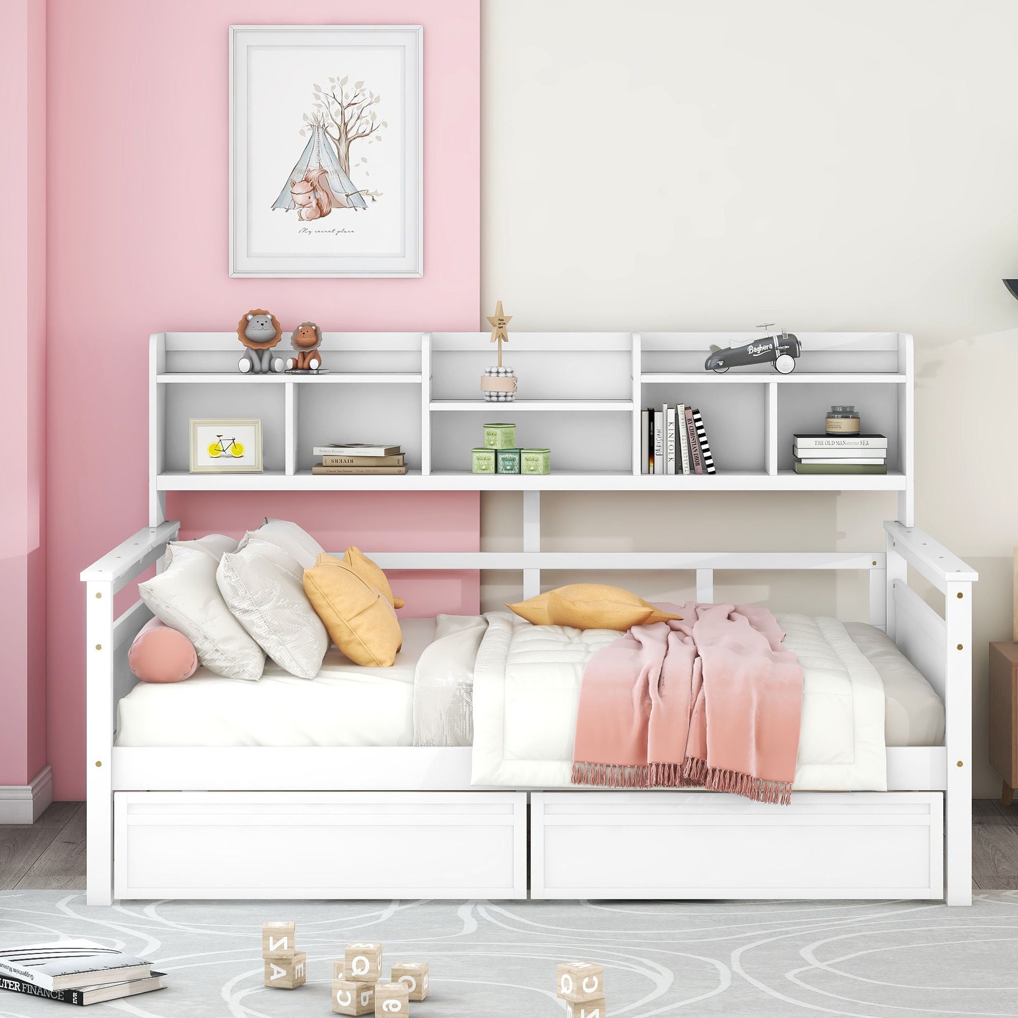 Daybed, Wood Slat Support, With Bedside Shelves And Two Drawers