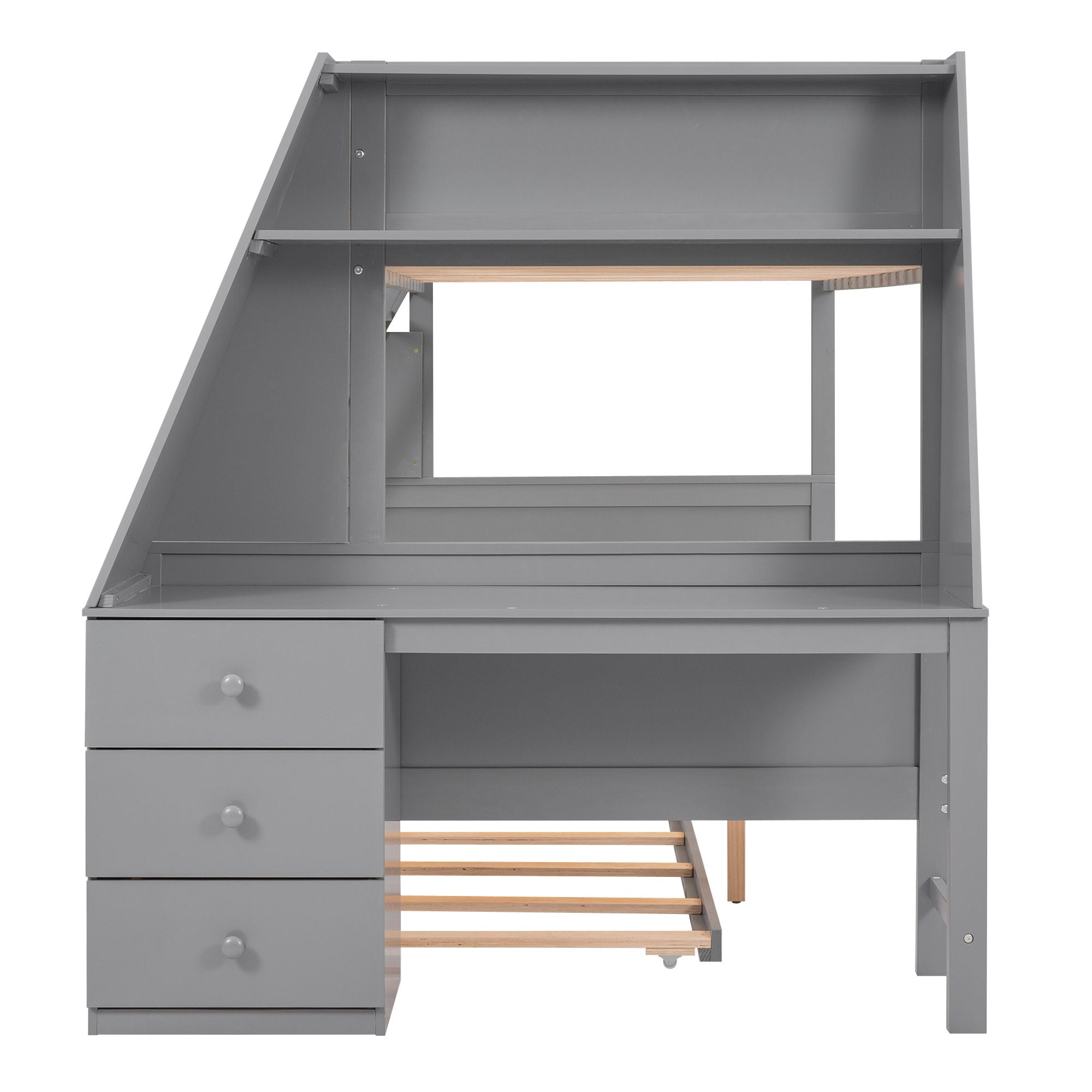 Bunk Bed With Trundle And Built In Desk, 3 Storage Drawers And Shelf