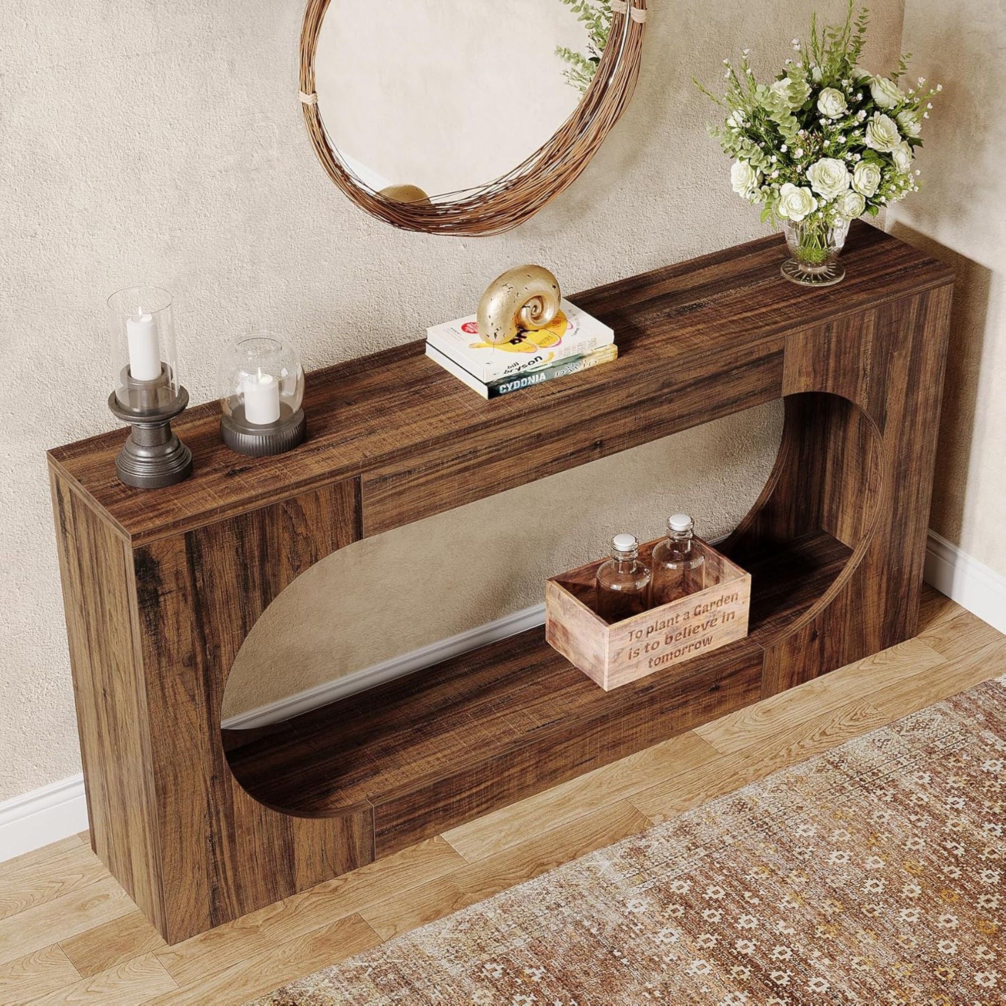 Narrow 2 Tier Console Table With Scalloped Edge For Living Hallway - Brown