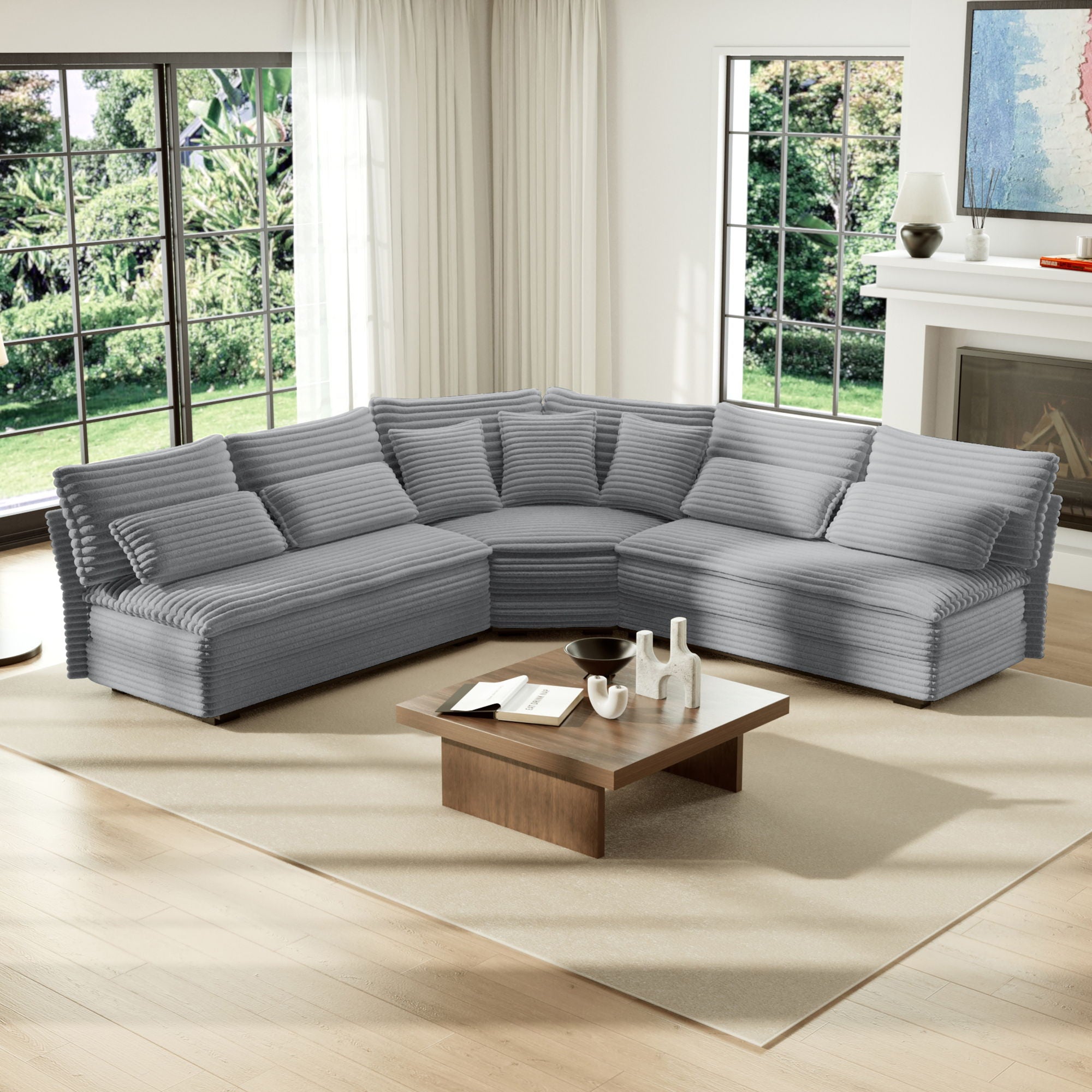 5 Seater L Shaped Sectional Sofa With Curved Corner, 7 Pillows