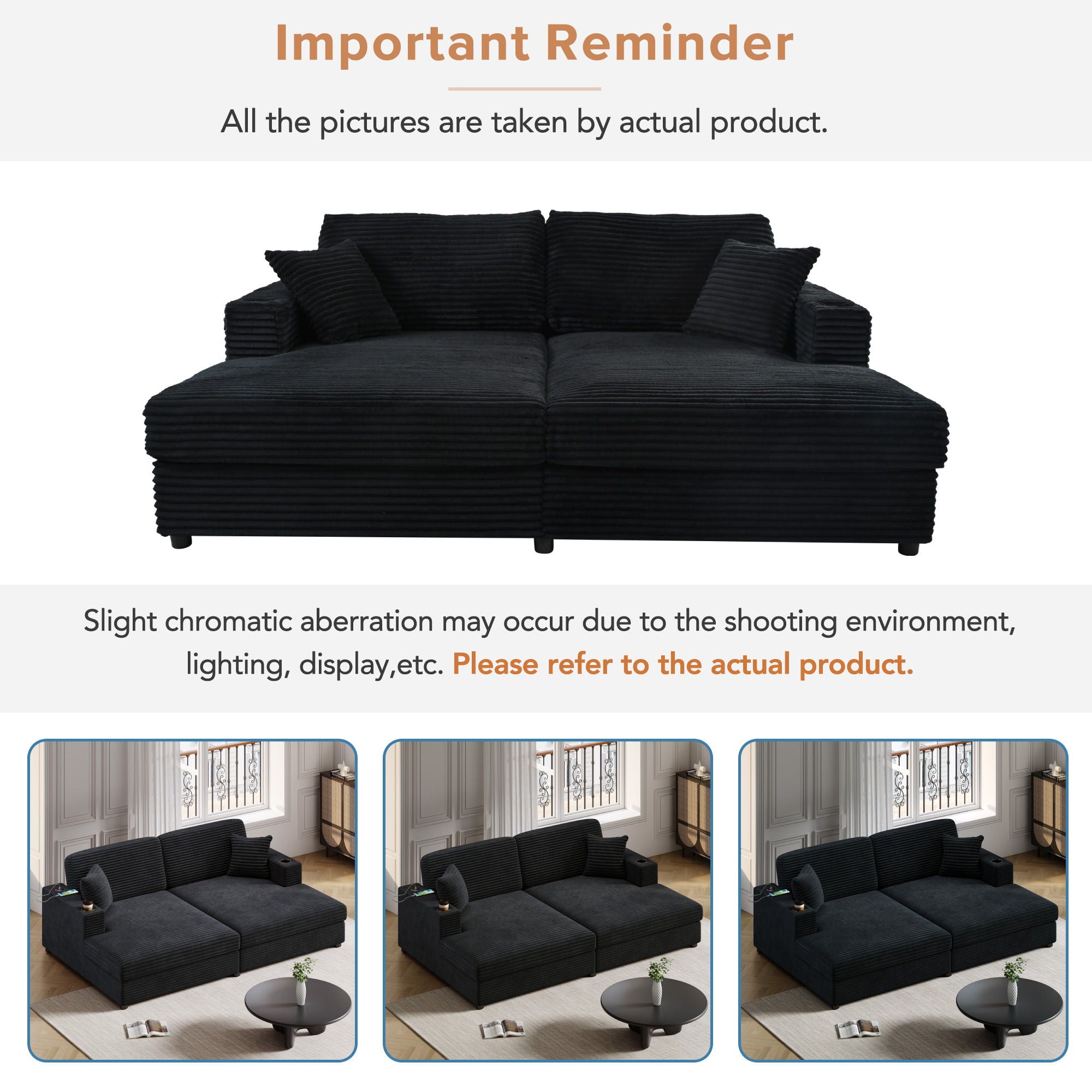 Oversized Loveseat Chaise With 2 USB Ports, 2 Cup Holders And 2 Throw Pillows
