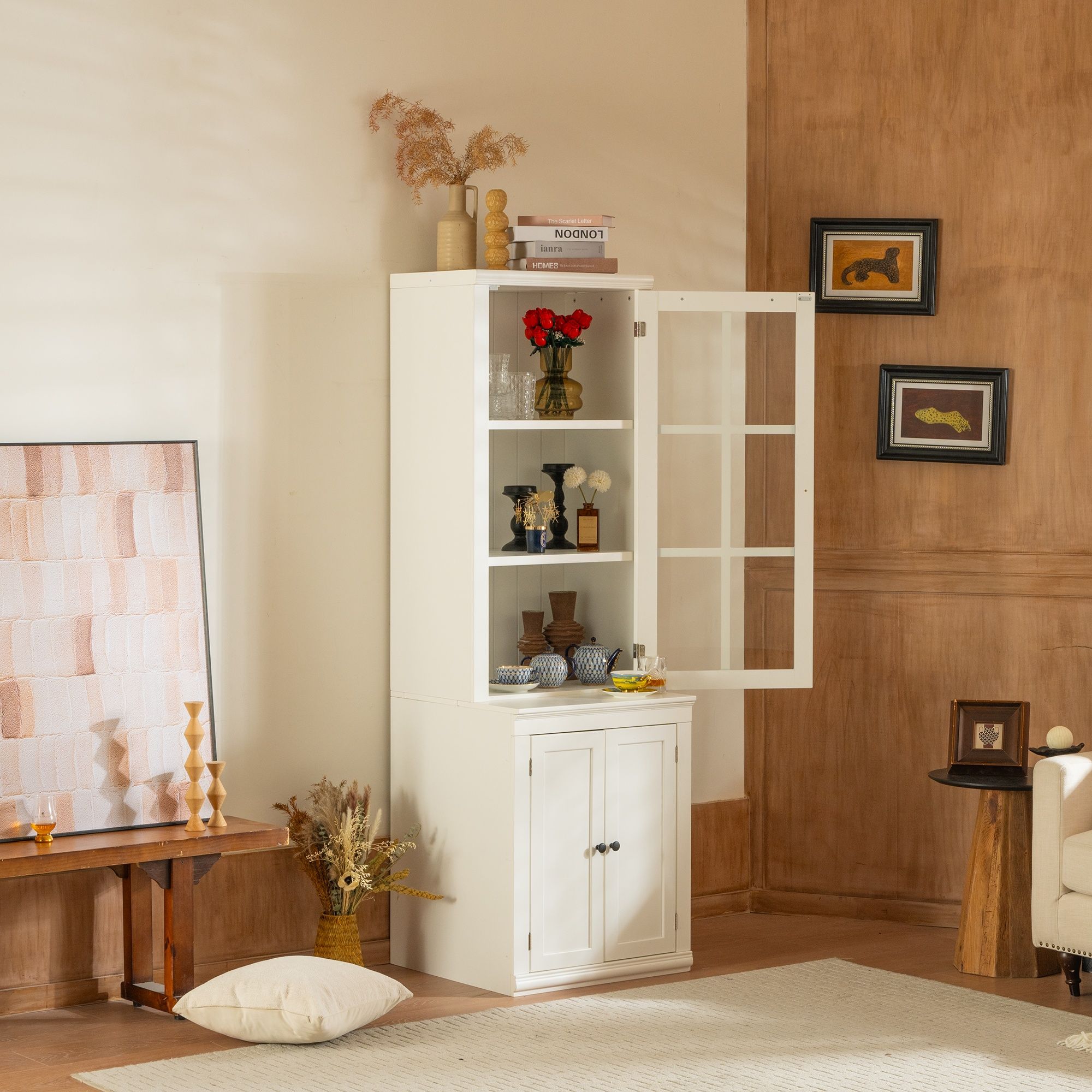 Retro Style Hutch Cabinet With Glass Door, China Cabinet For Home