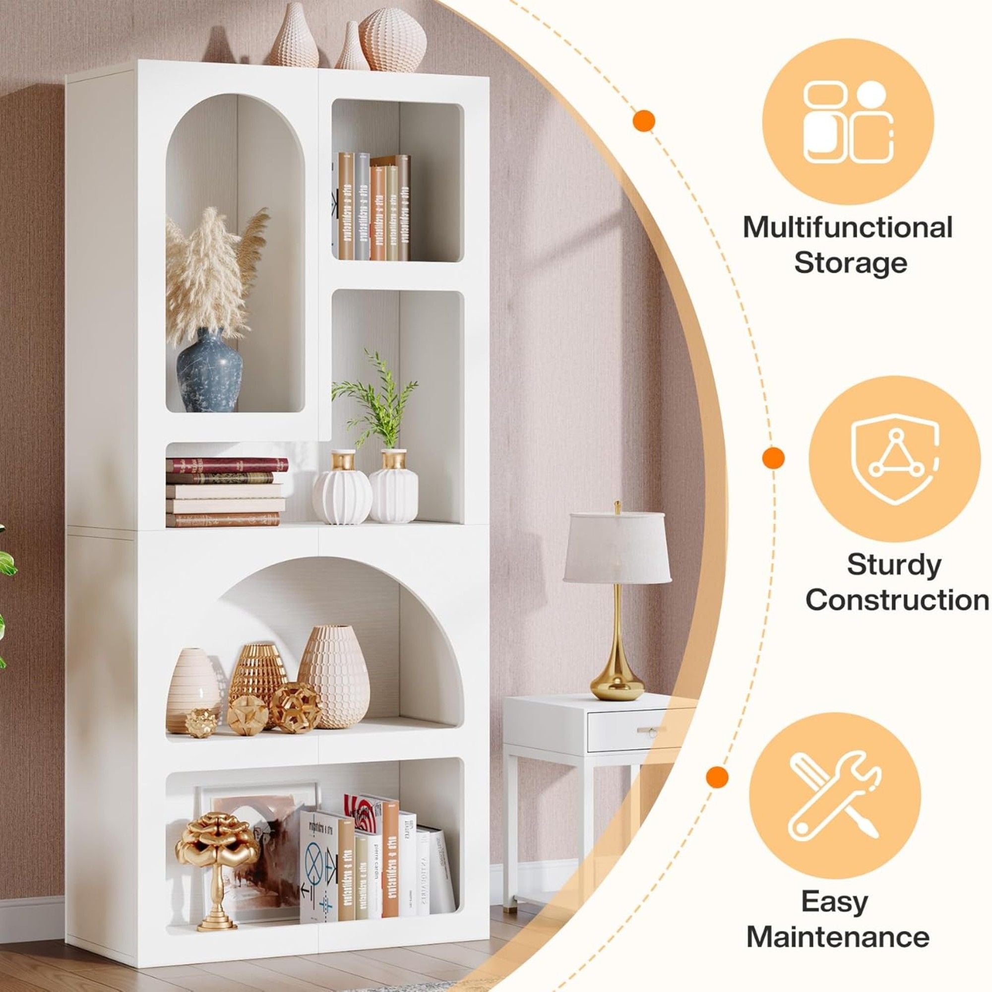 Geometric Arched 5 Shelf Art Display Bookcase For Living Room - White