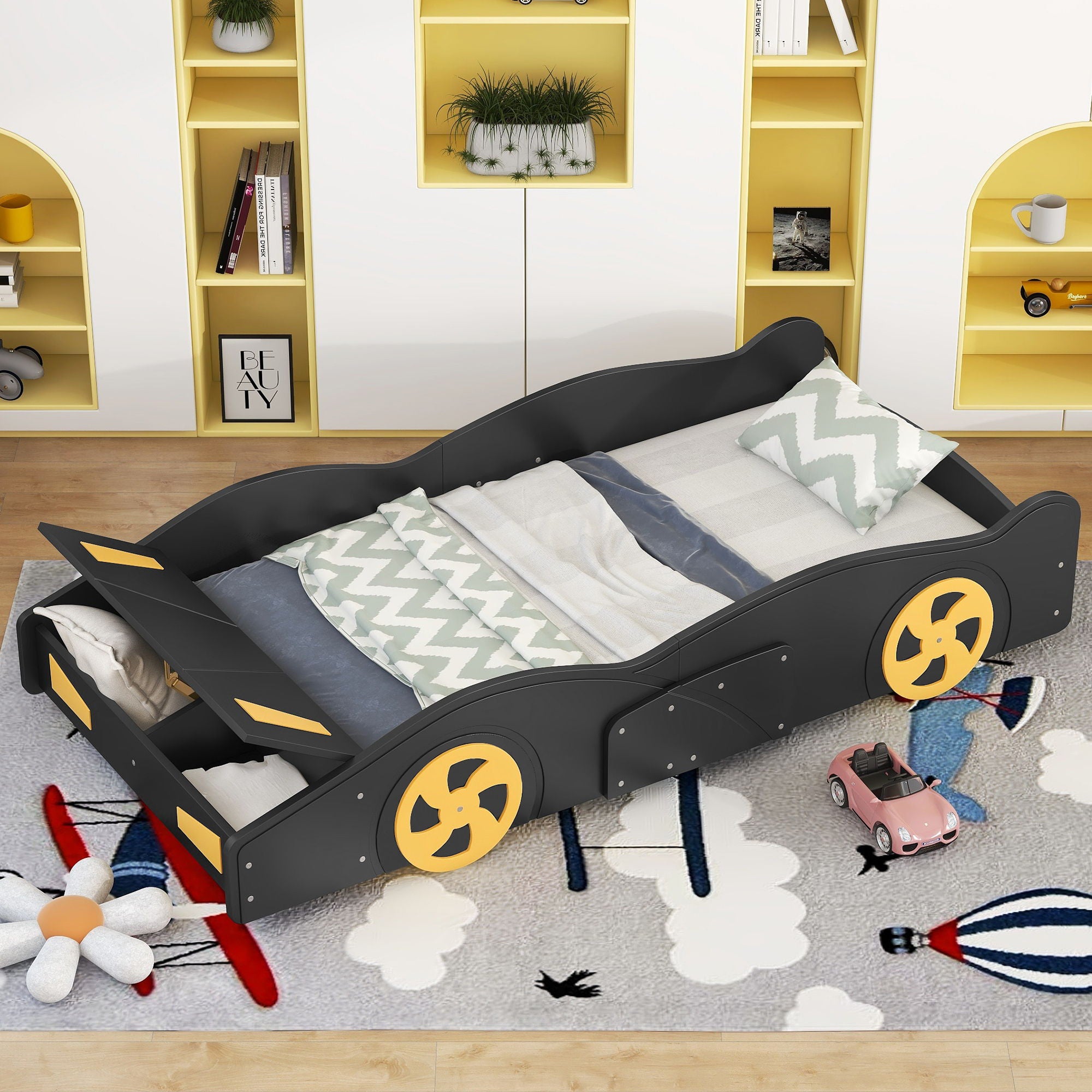 Race Car Shaped Platform Bed With Wheels And Storage