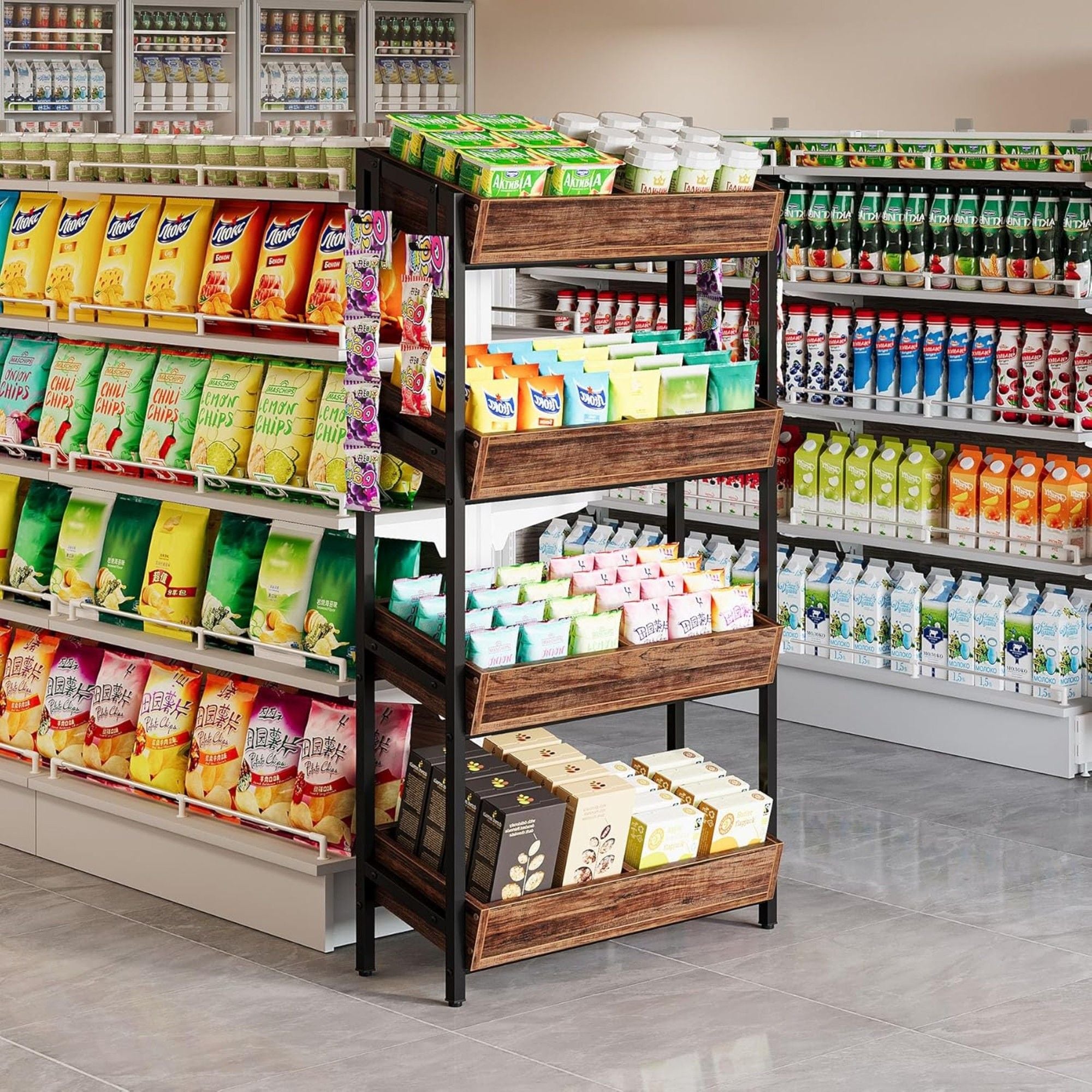 4 Tier Retail Display Rack With Hooks, Tall Metal Snack Stand With Shelves - Brown / Black