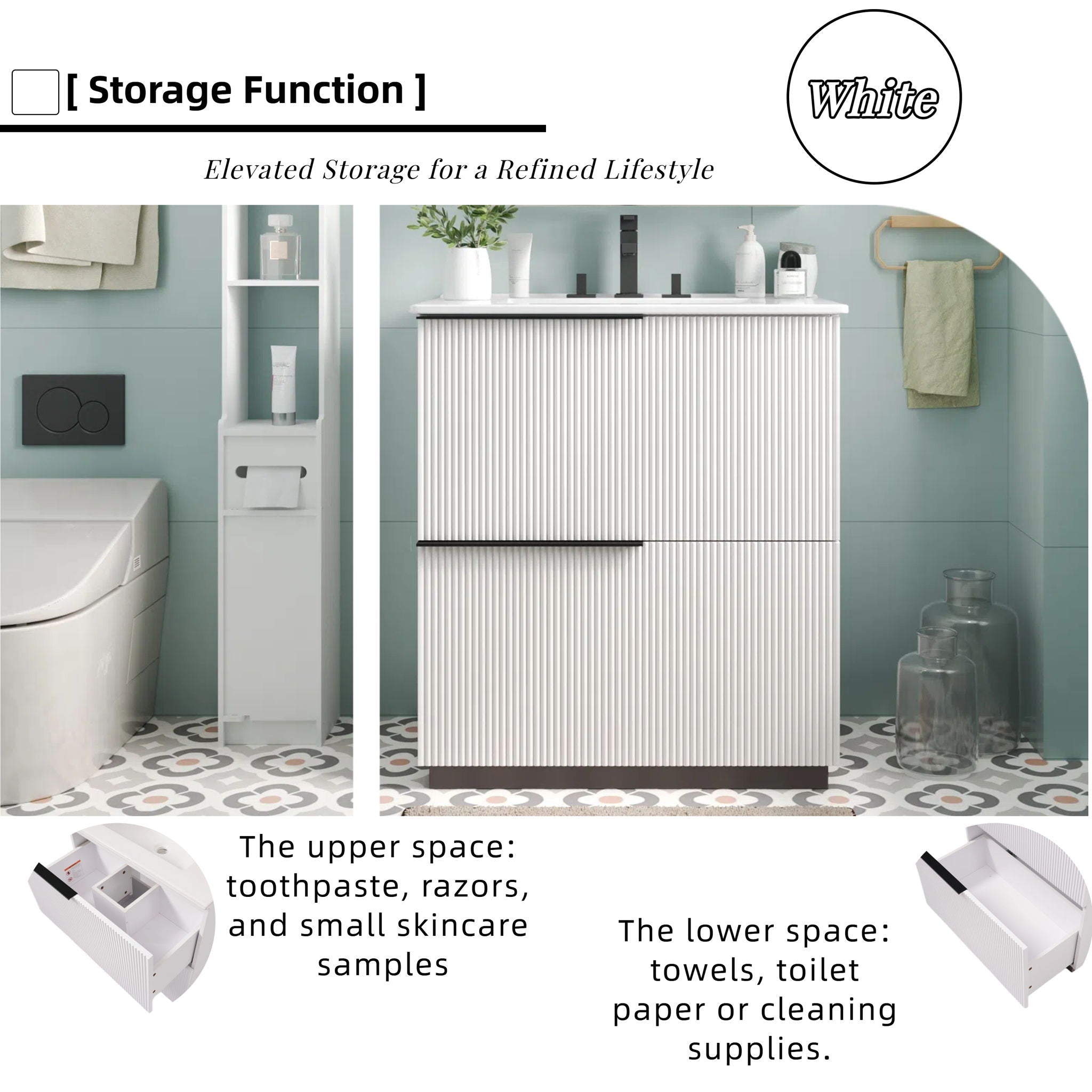 Fluted Bathroom Vanity With Ceramic Sink, Soft Close Slides