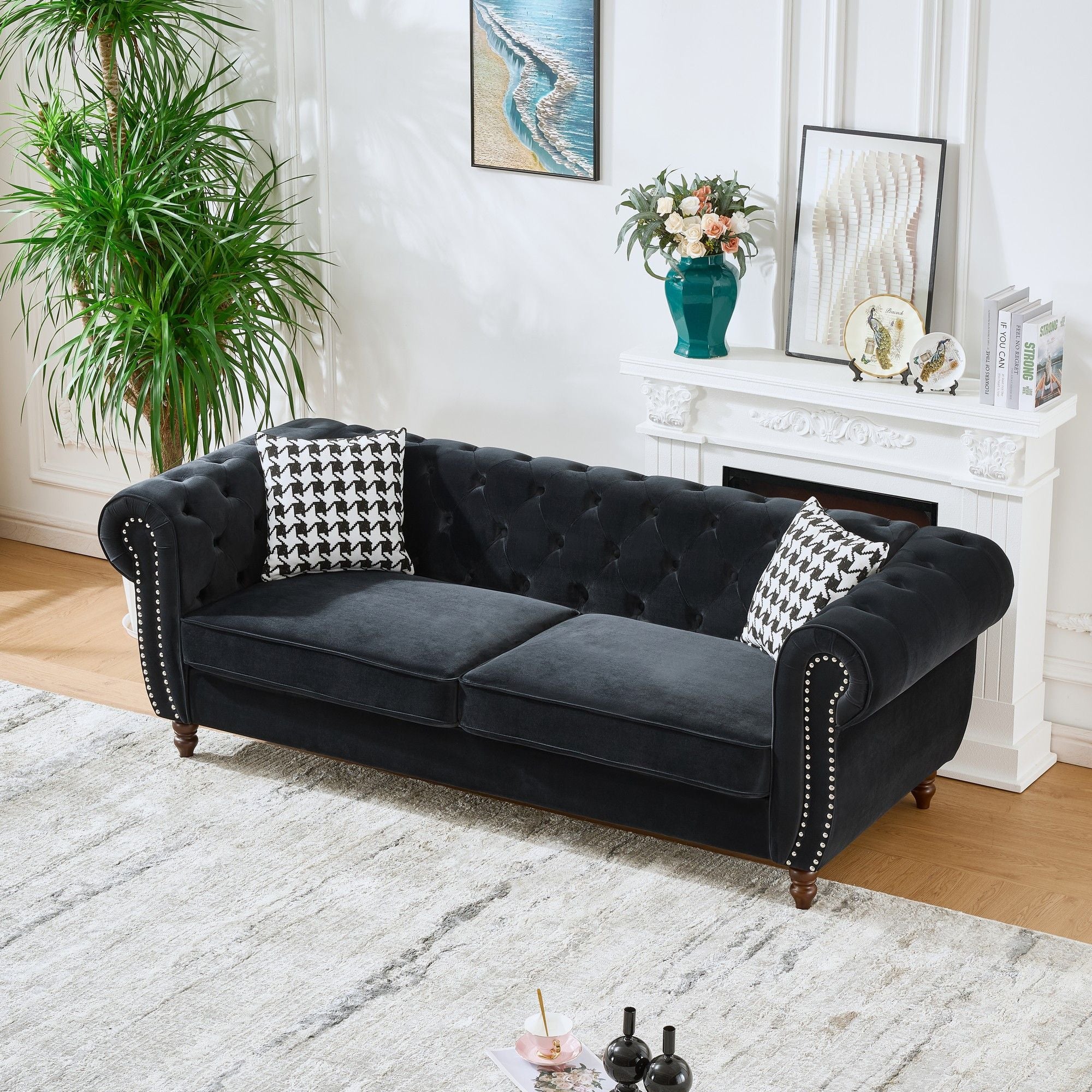 Chesterfield Velvet Upholstery Fabric Sofa With Roll Armrest & Nailhead, Mid Century Modern 3 And 3 Seater Couch