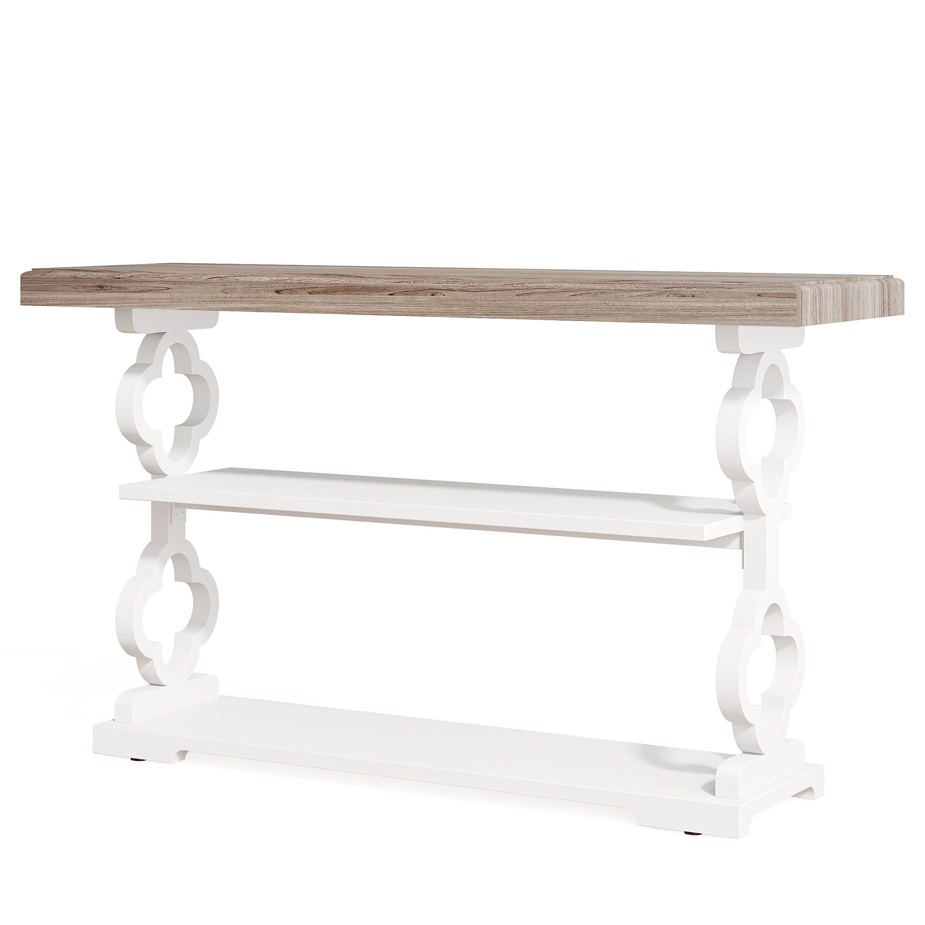 Console Sofa Table With 3 Shelves, Floral Carved Accent - Gray / White