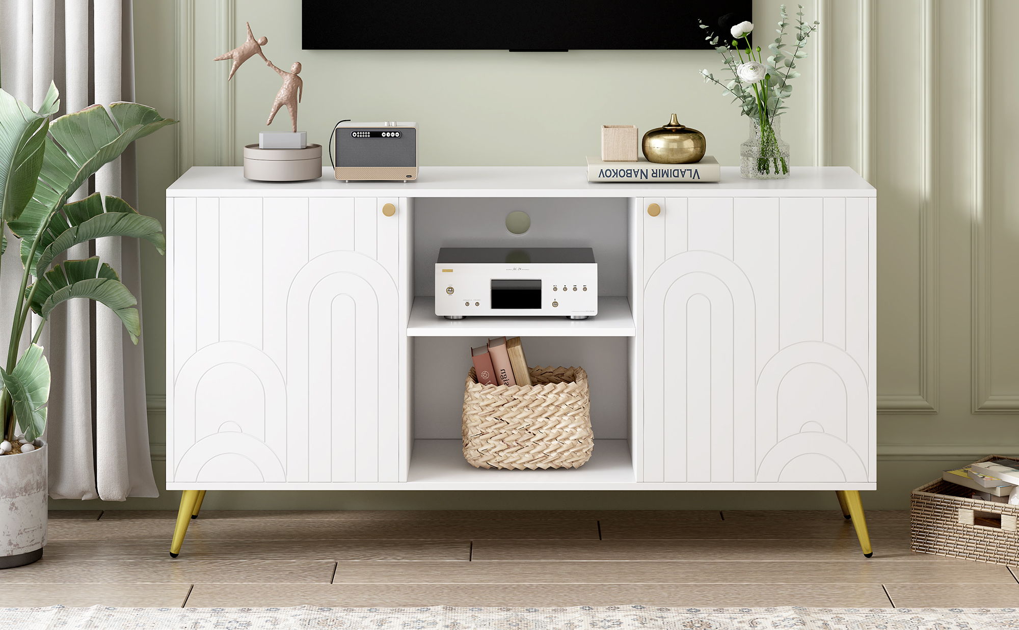 Modern TV Stand With Adjustable Shelf, Handles And Anti-Tip Device