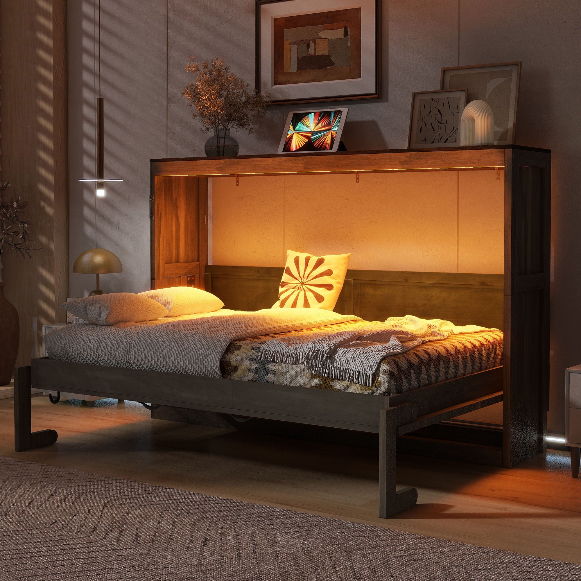 Murphy Bed With LED Light, Foldable Wall Bed Cabinet