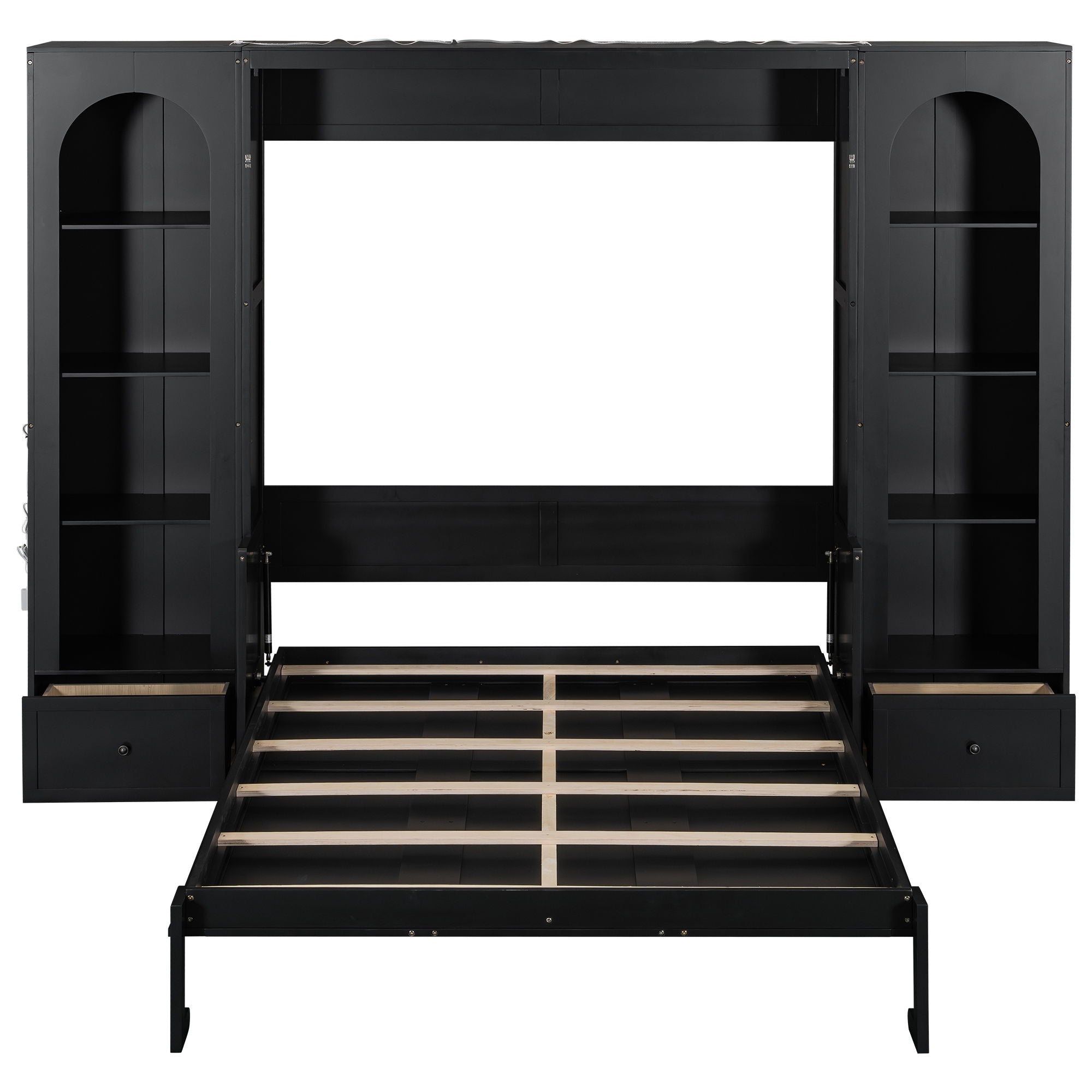French Style Murphy Platform Bed With Shelf, Side Cabinets, Drawers And LED
