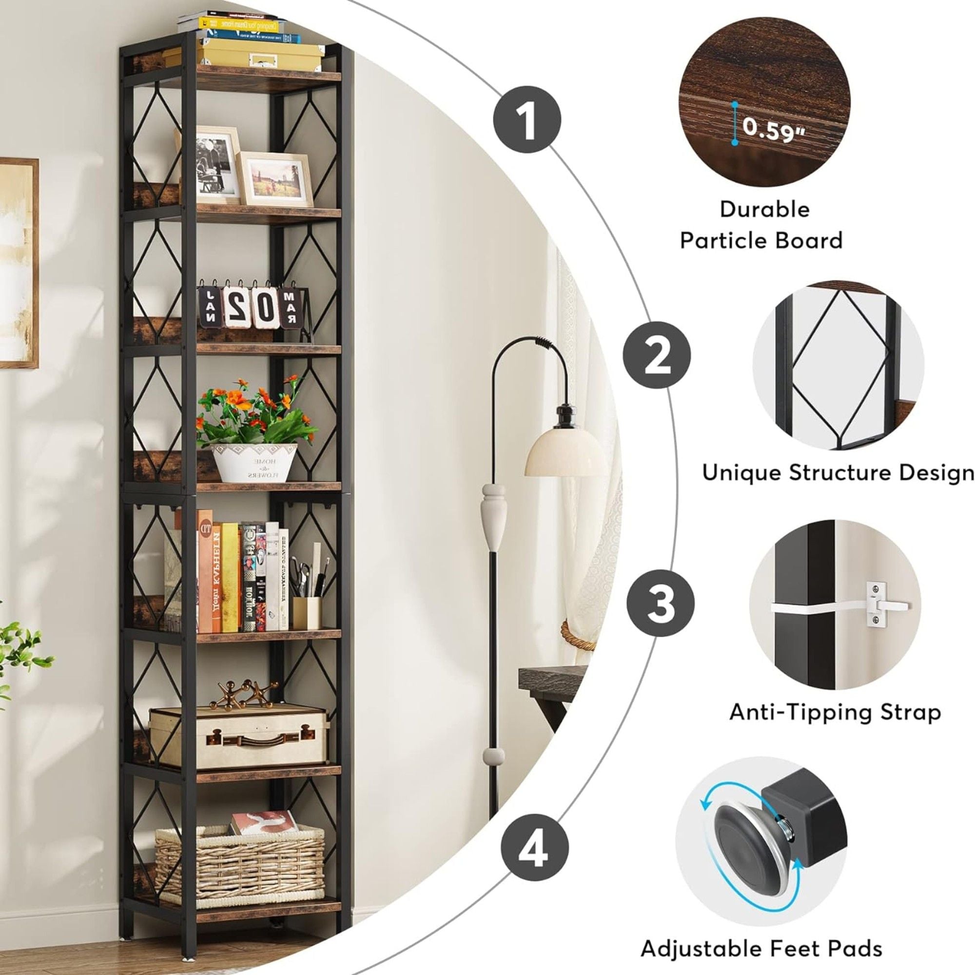Extra Tall 7 Tier Narrow Corner Bookshelf Storage Display Rack For Living Room - Rustic Brown