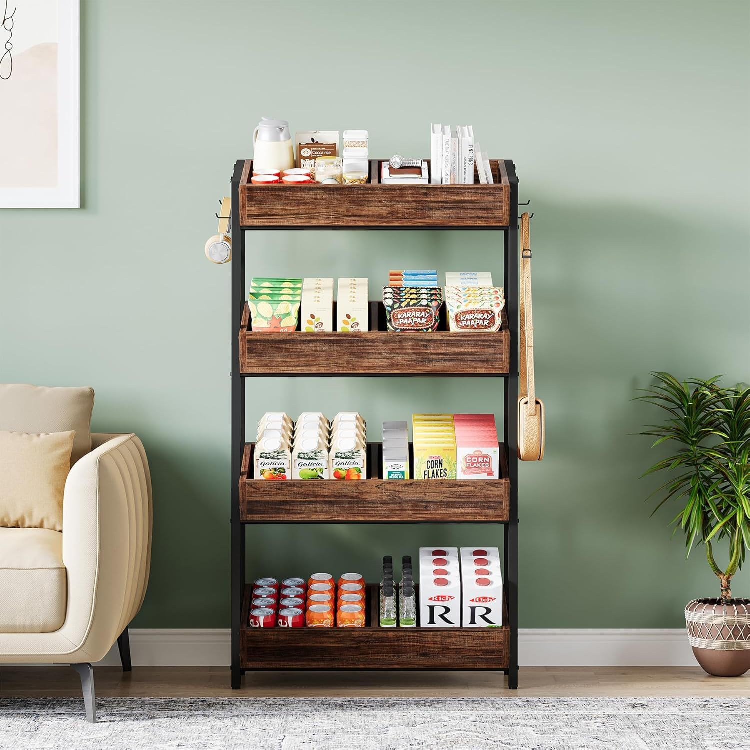 4 Tier Retail Display Rack With Hooks, Tall Metal Snack Stand With Shelves - Brown / Black