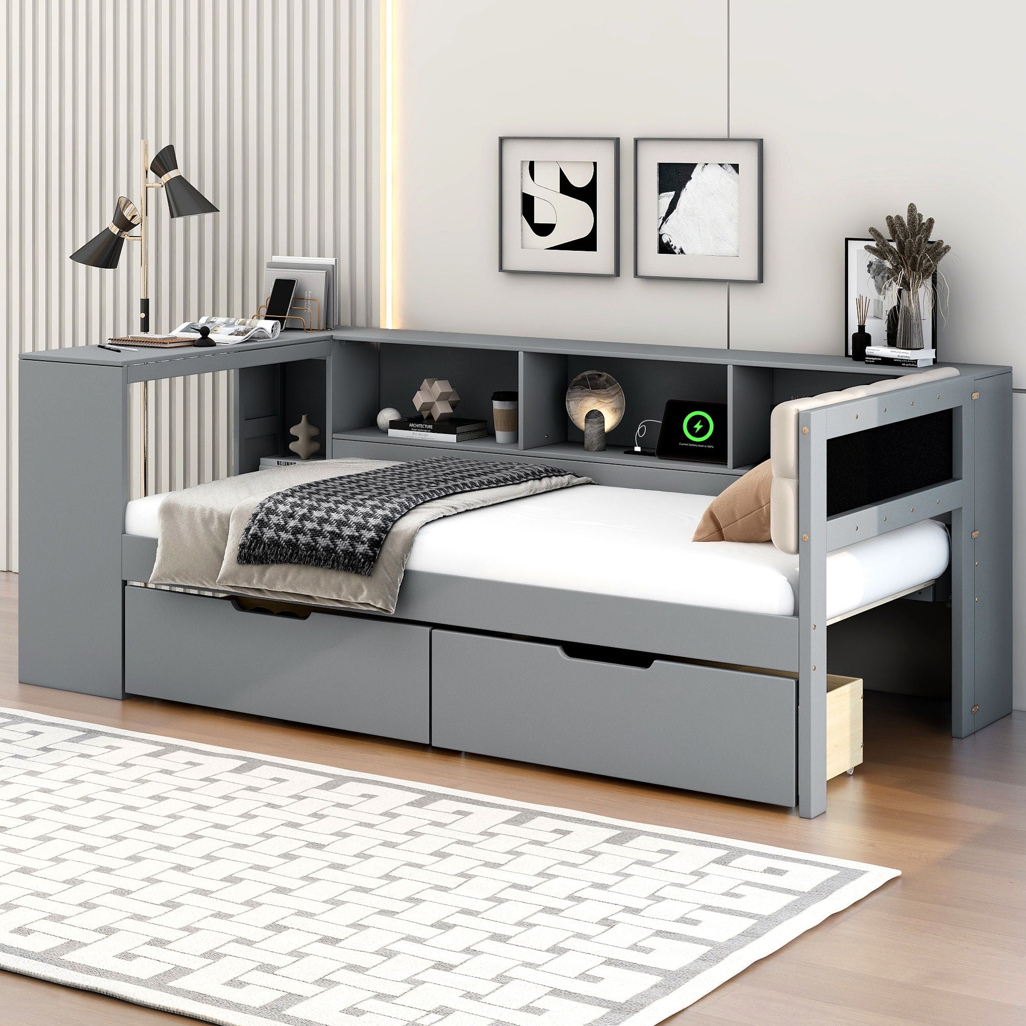 Upholstered Headboard Platform Bed With Storage Shelves, Drawers, Charging Station