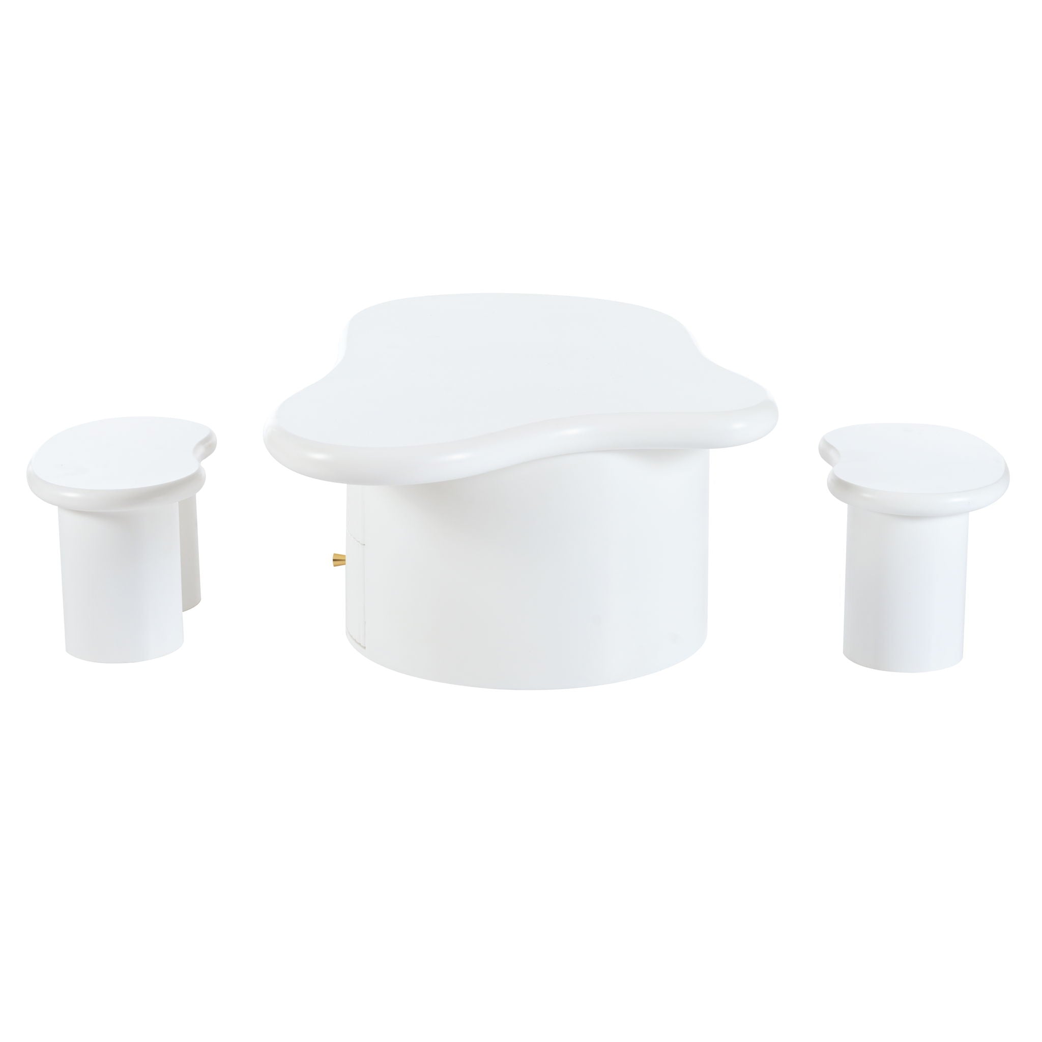 Cloud - Coffee Table (Set of 3), Irregular Shape Coffee Table With 2 Drawers, 2 Small Stools For Living Room - White