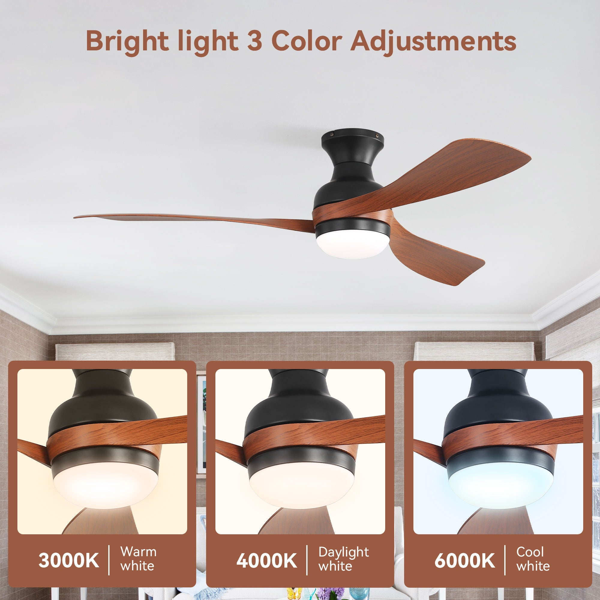 Ceiling Fan With Remote Controlled LED Light, 3 Blades, Reversible DC Motor, 6 Speeds, Dimmable, Flush Mount - Black