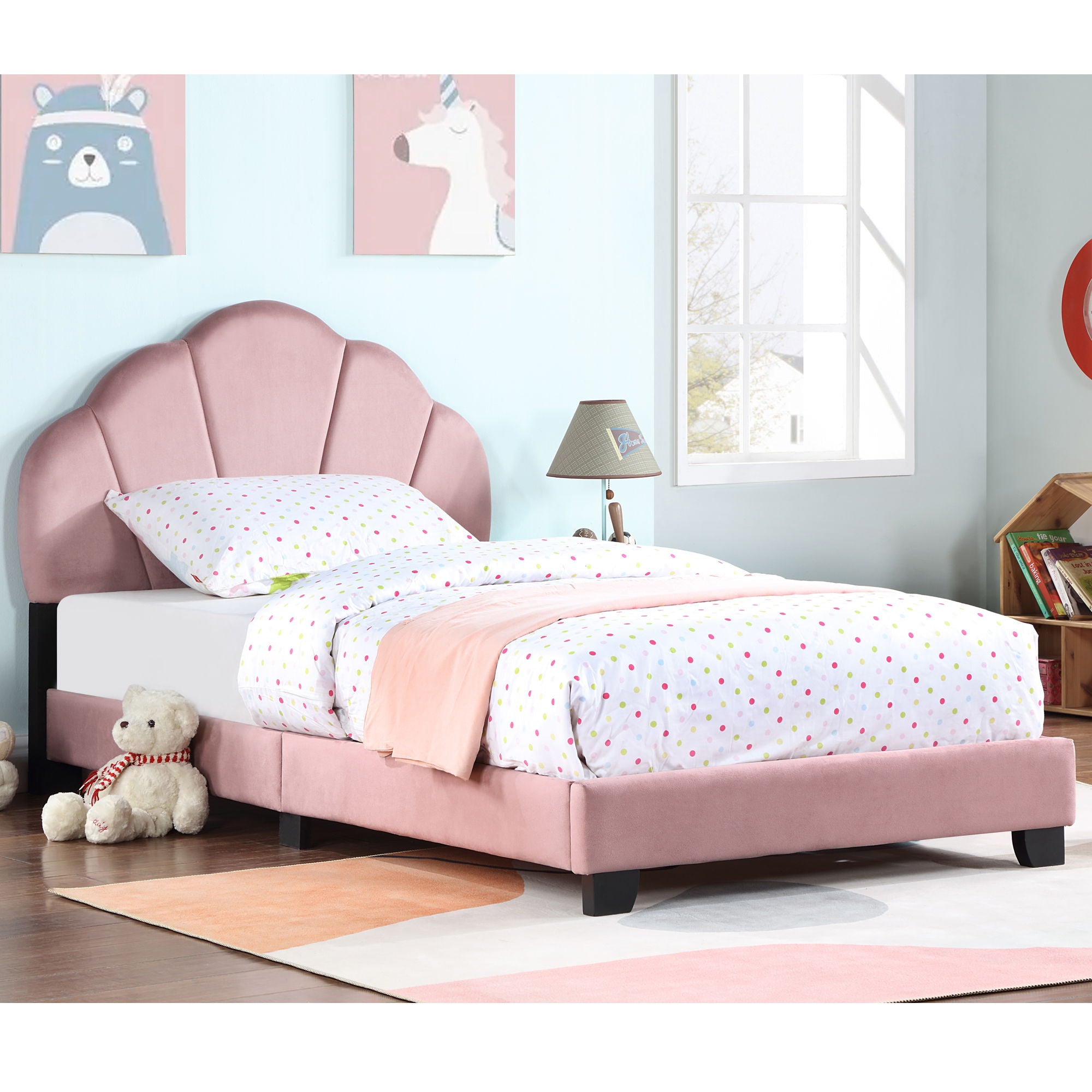 Upholstered Twin Size Platform Bed For Kids Wooden Bed Frame With Slatted Bed Base No Box Spring Needed Cute Bed Frame With Shell Design Headboard - Pink