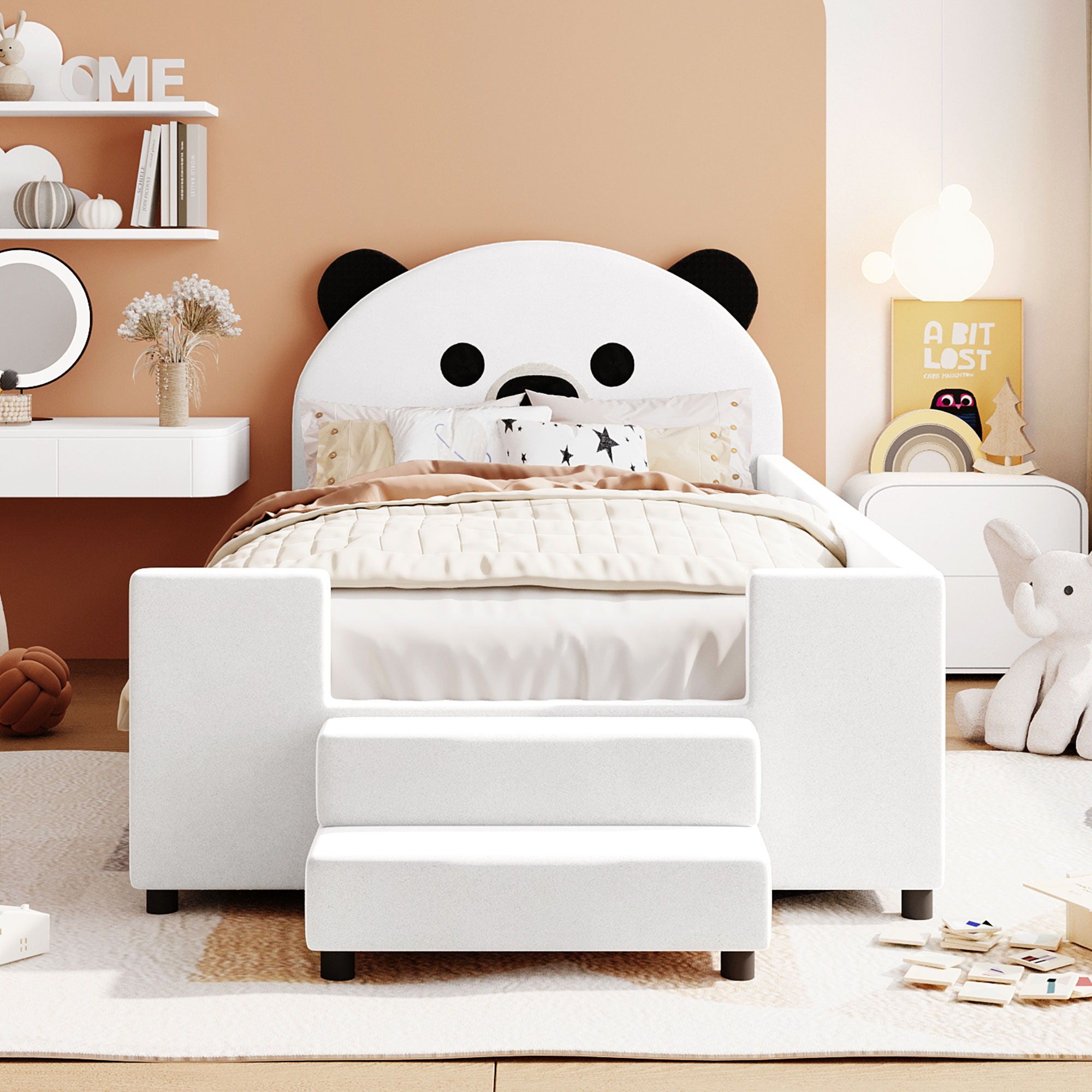 Upholstered Daybed With Bear Shaped Headboard, Hydraulic System And Breathable Mesh Fence
