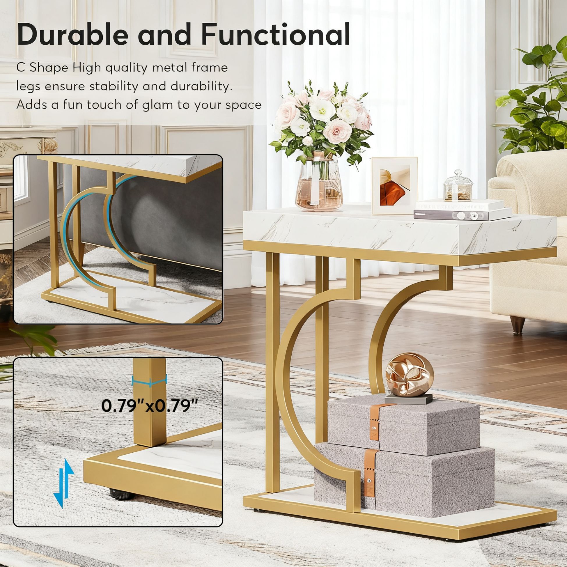 C-Shaped Sofa Side Table For Living Room - White / Gold