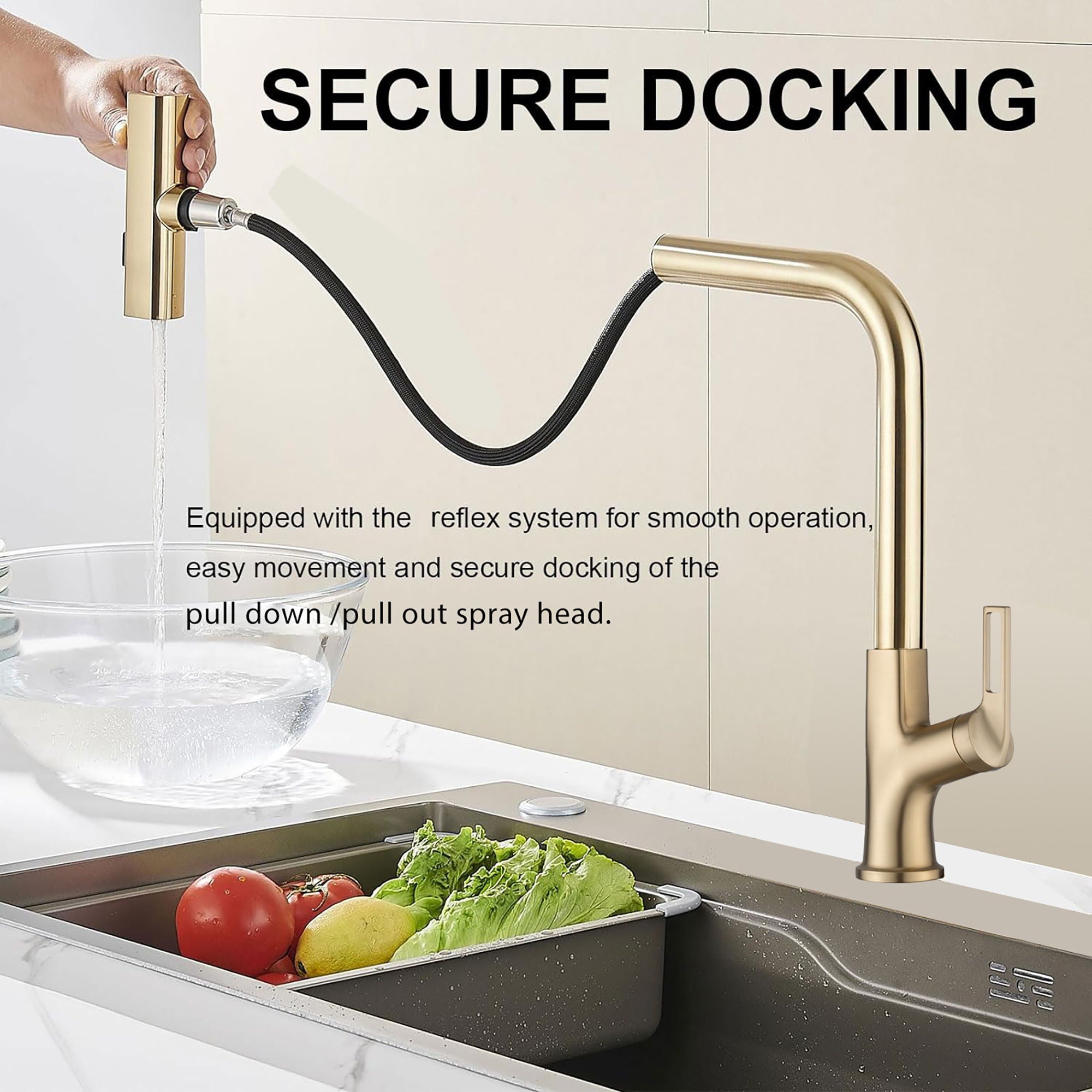 Kitchen Waterfall Faucet With Pull Down Sprayer, Single Handle, 360 Degree Rotating Zinc Alloy - Brushed Gold