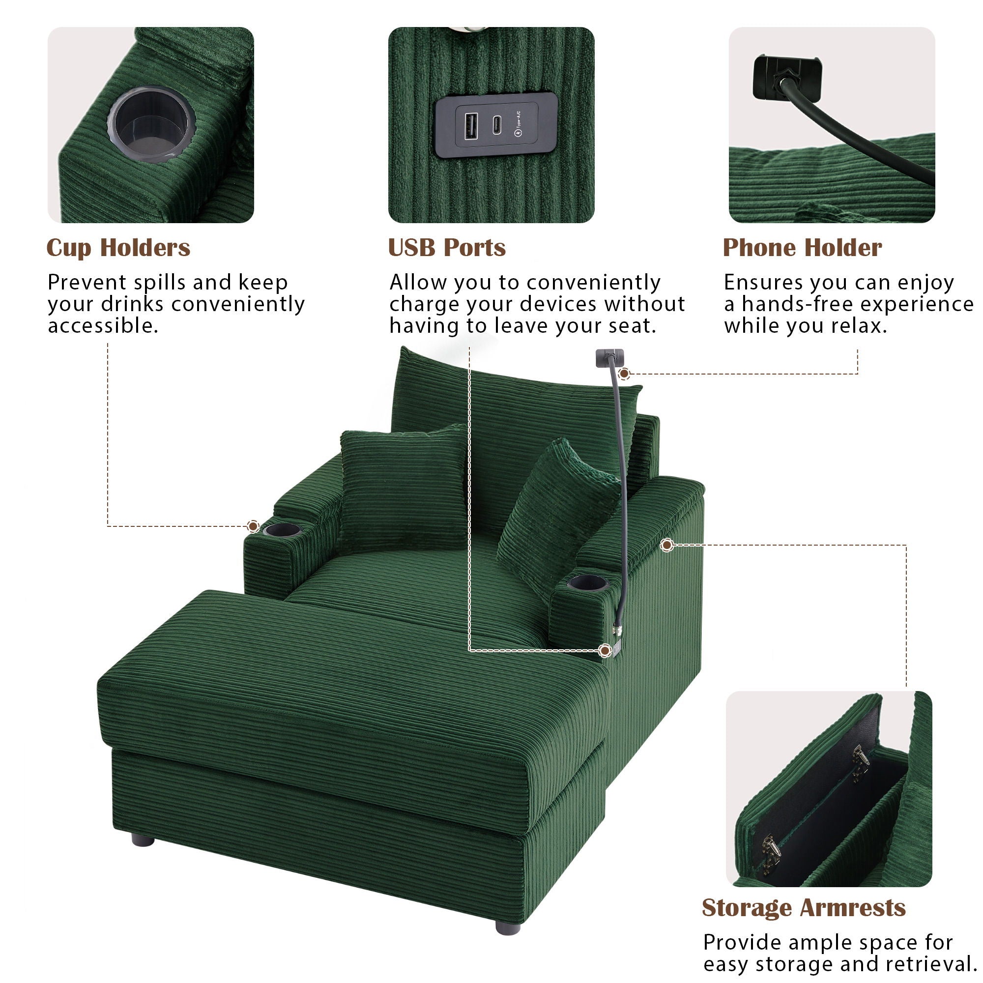 Single Sofa Couch With Storage Space, Movable Ottoman, USB Ports, Cup Holders, Phone Holder
