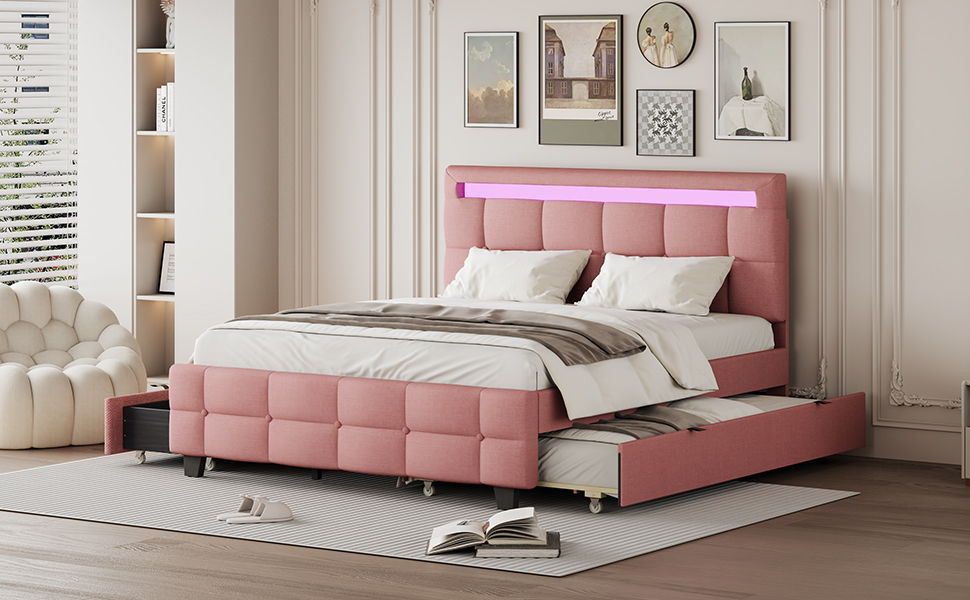 Upholstered Platform Bed With LED Frame, With Trundle And 2 Drawers