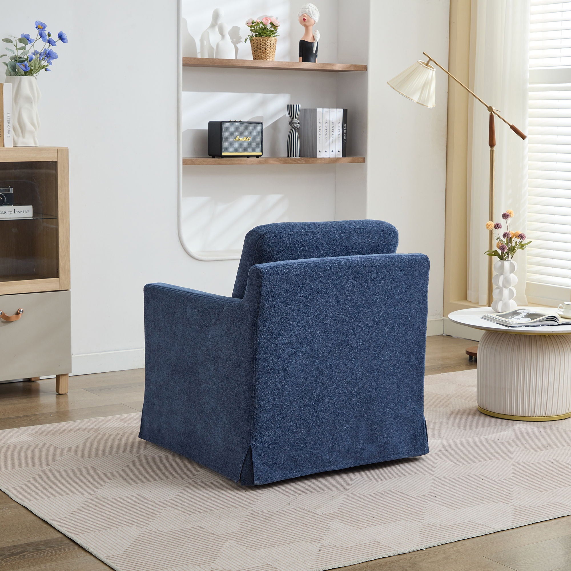 Upholstered Skirted Swivel Chair With Removable Back Cushion For Living Room