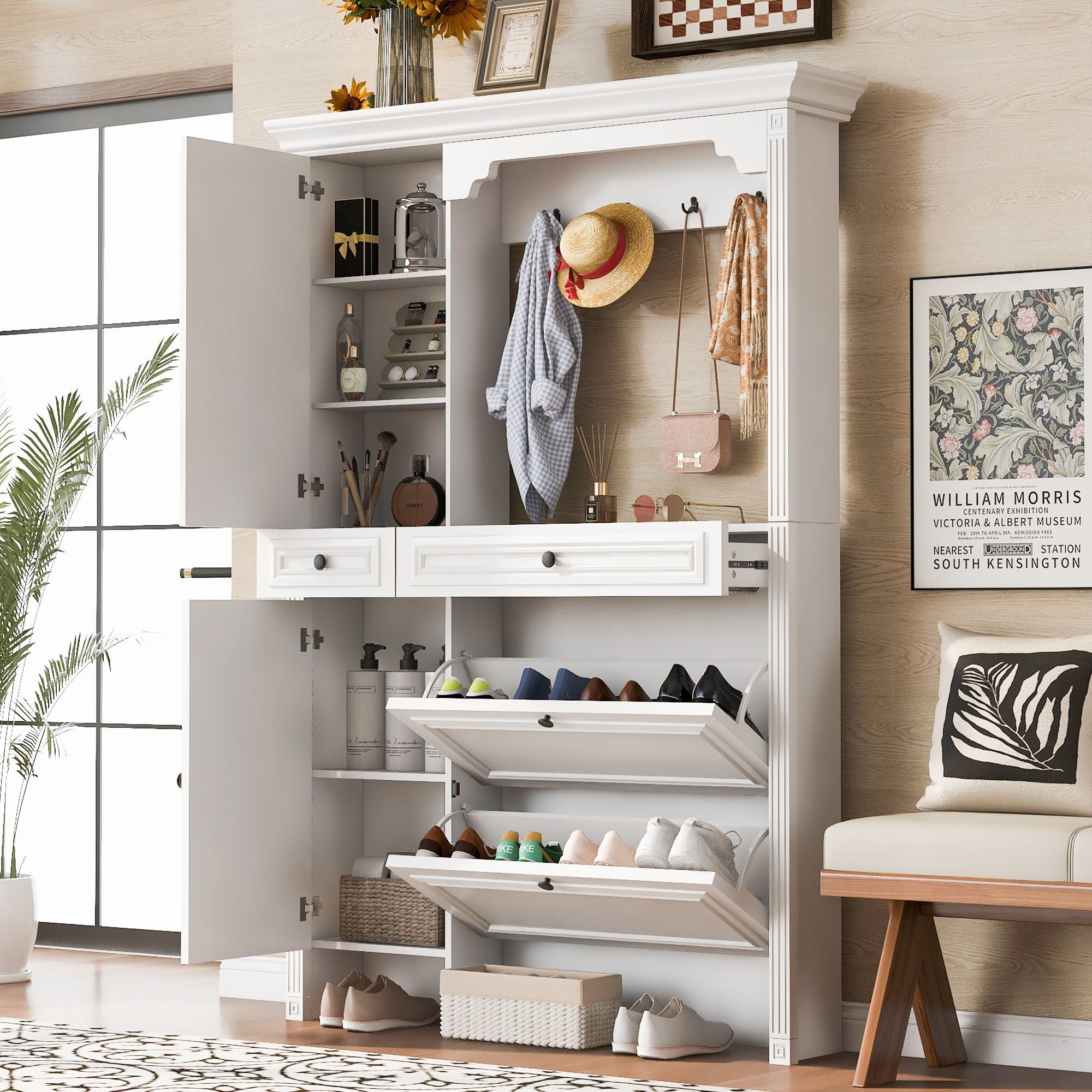 Hall Tree With Integrated Shoe Cabinet And Mirrored Cabinet Door, Coat Hanger, Entryway Bench, 4 In 1 Design, 2 Flip Drawers, 4 Hooks And 2 Cabinets For Entrance, Living Room - White