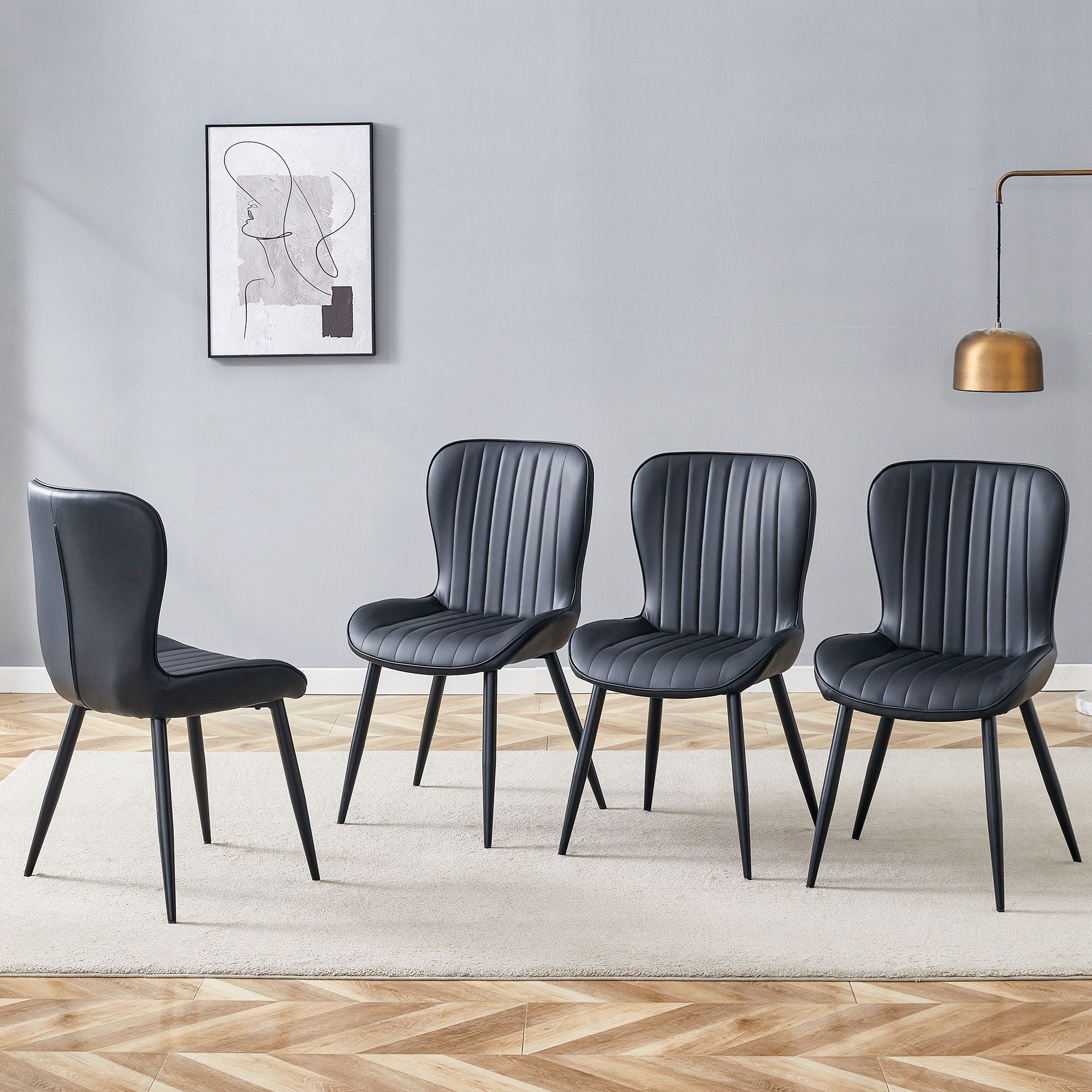 Minimalist Ergonomic Dining Chair (Set of 4) With Curved Cushions And Metal Frame - Black