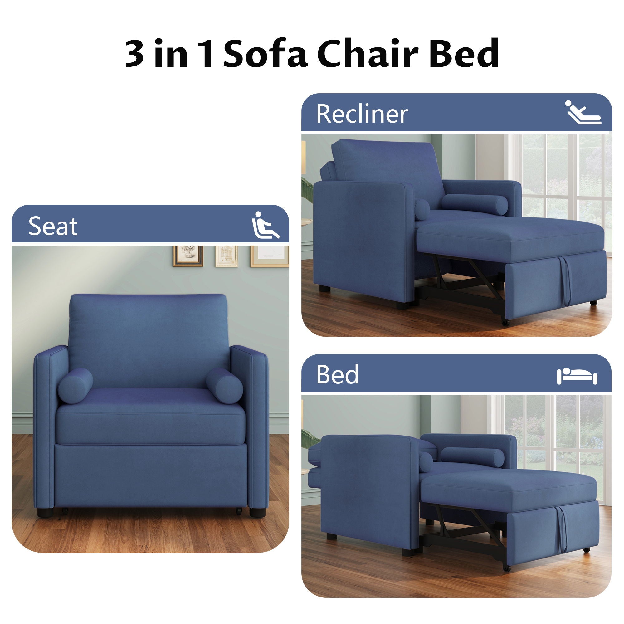 3 In 1 Convertible Sleeper Chair With Adjustable Backrest, Lounger Chair Turns Into Bed