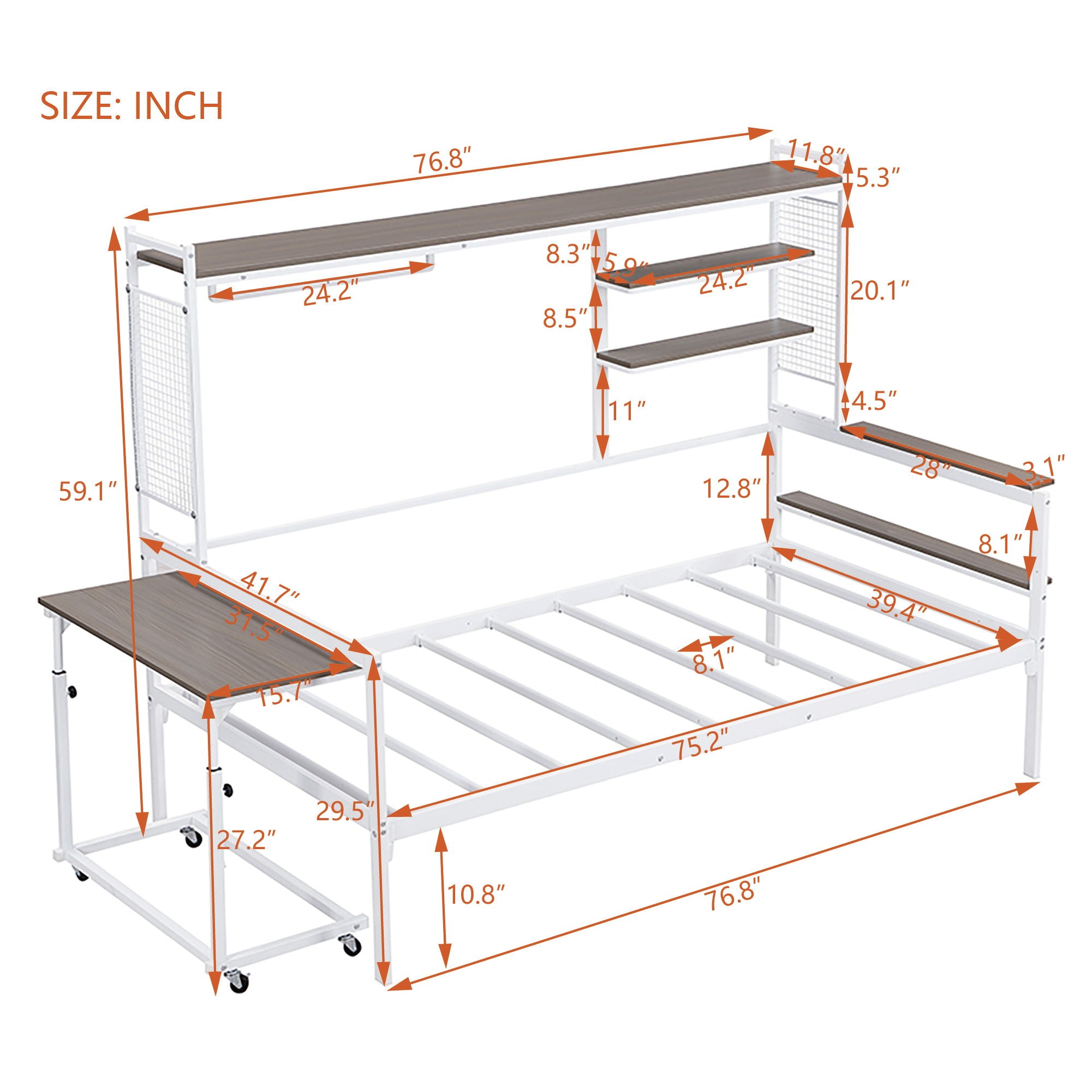 Daybed With Movable Desk, Grid, Shelves And Clothes Hanger