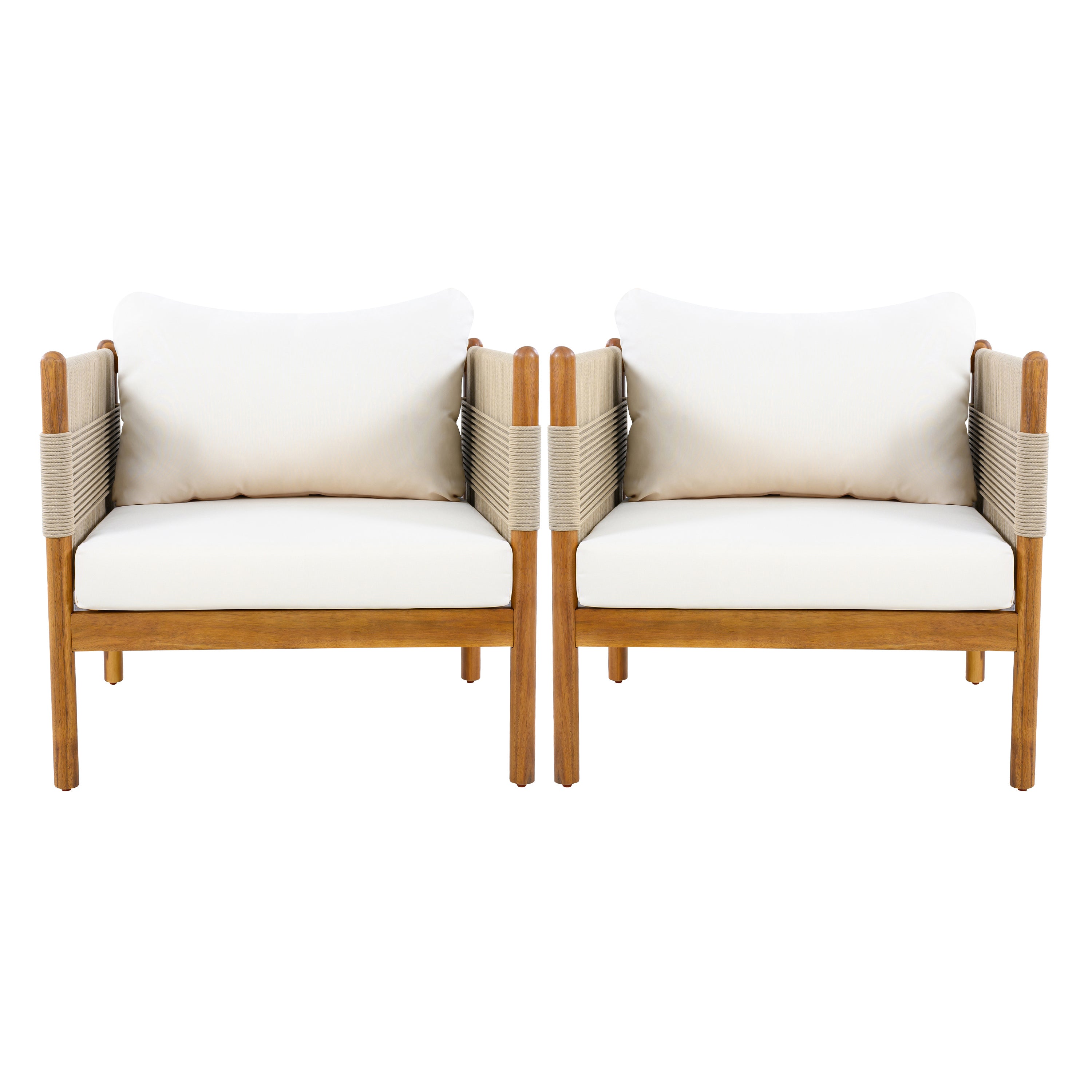 Outdoor Club Chairs (Set of 2) with Diamond-Pattern Beige Rope, Teak Finish