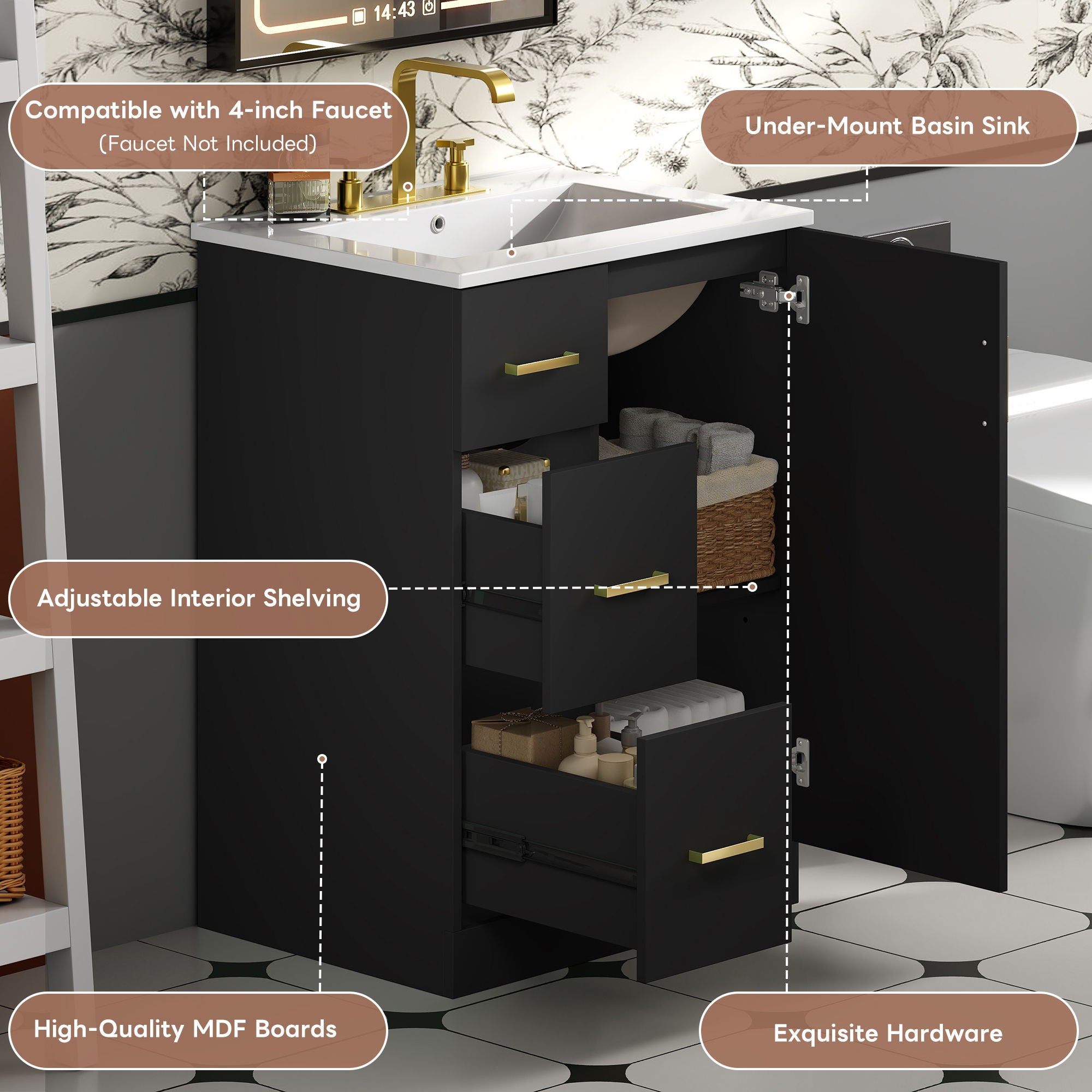 Bathroom Vanity With Sink, Compact Cabinet With 2 Drawers And Soft-Closing Door, Under-Mount Basin - Black