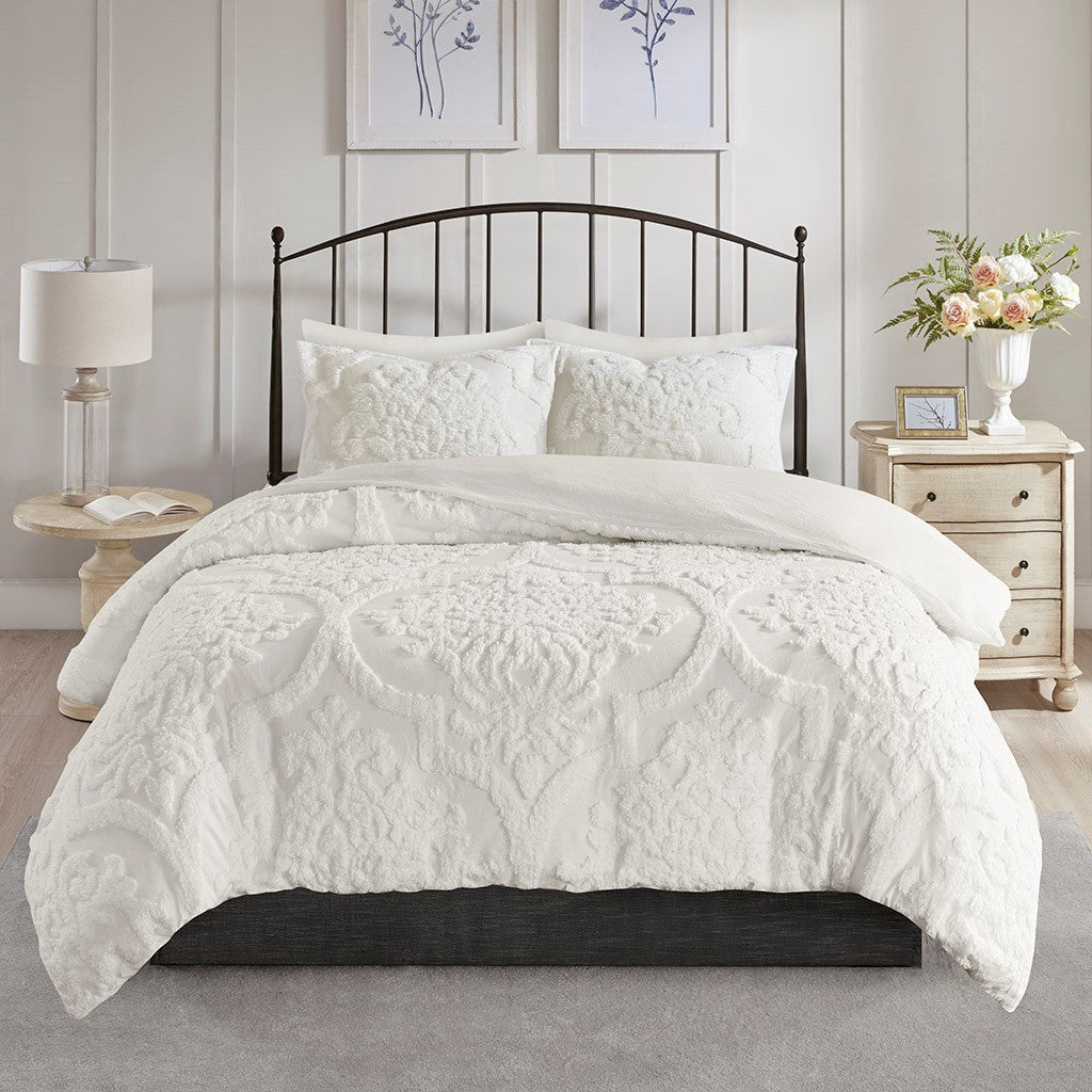 Full/Queen Tufted Cotton Chenille Damask Duvet Cover Set