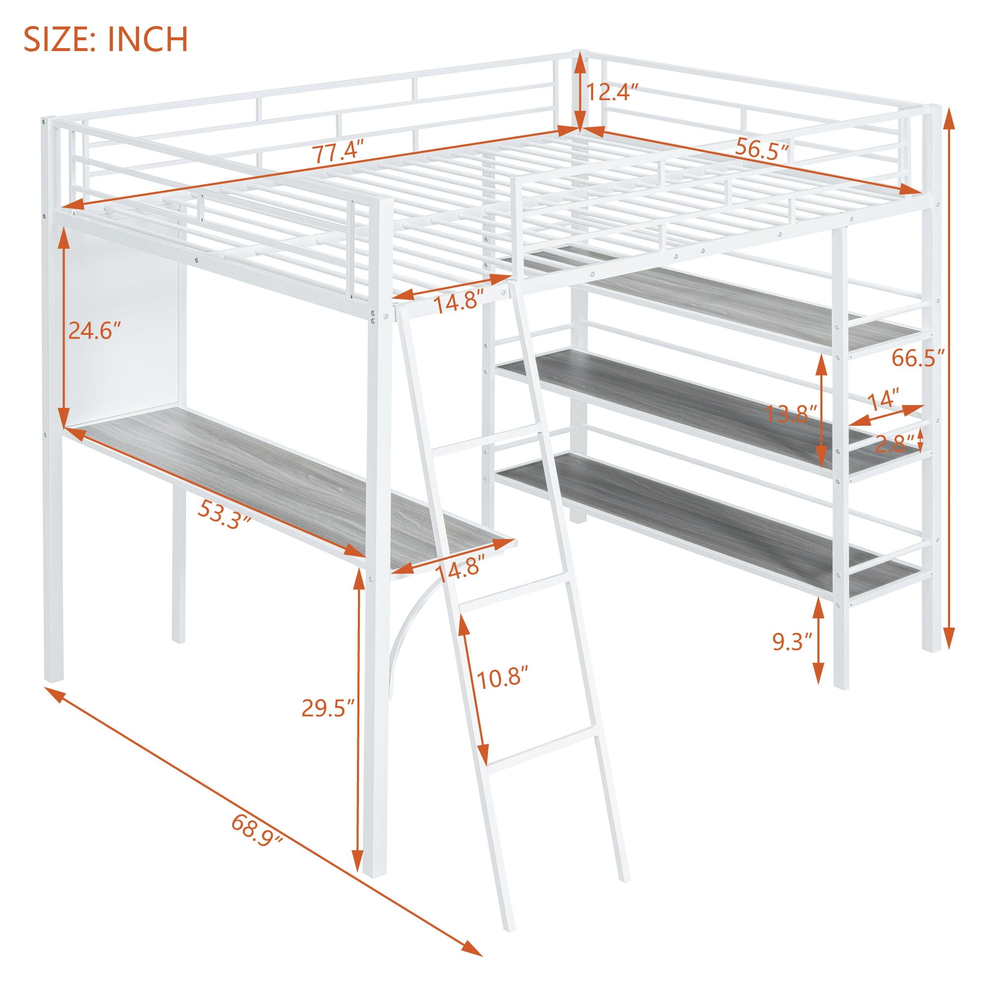 Bed With 3 Layers Of Shelves And Desk, Stylish Frame Bed