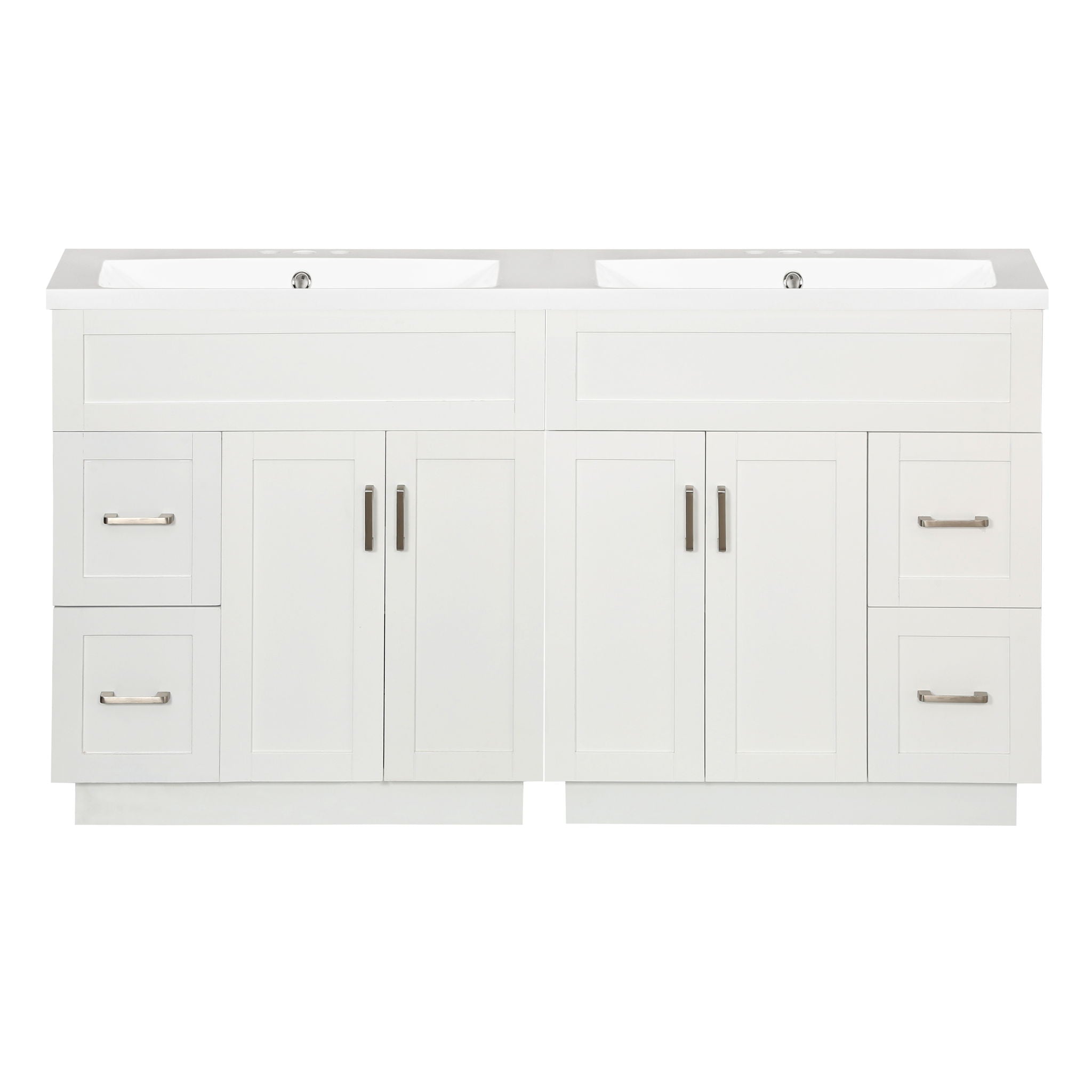 Bathroom Vanity With 4 Cabinet Doors, 4 Drawers, Dual Sinks, Hidden Soft Close Slides And Hinges - White