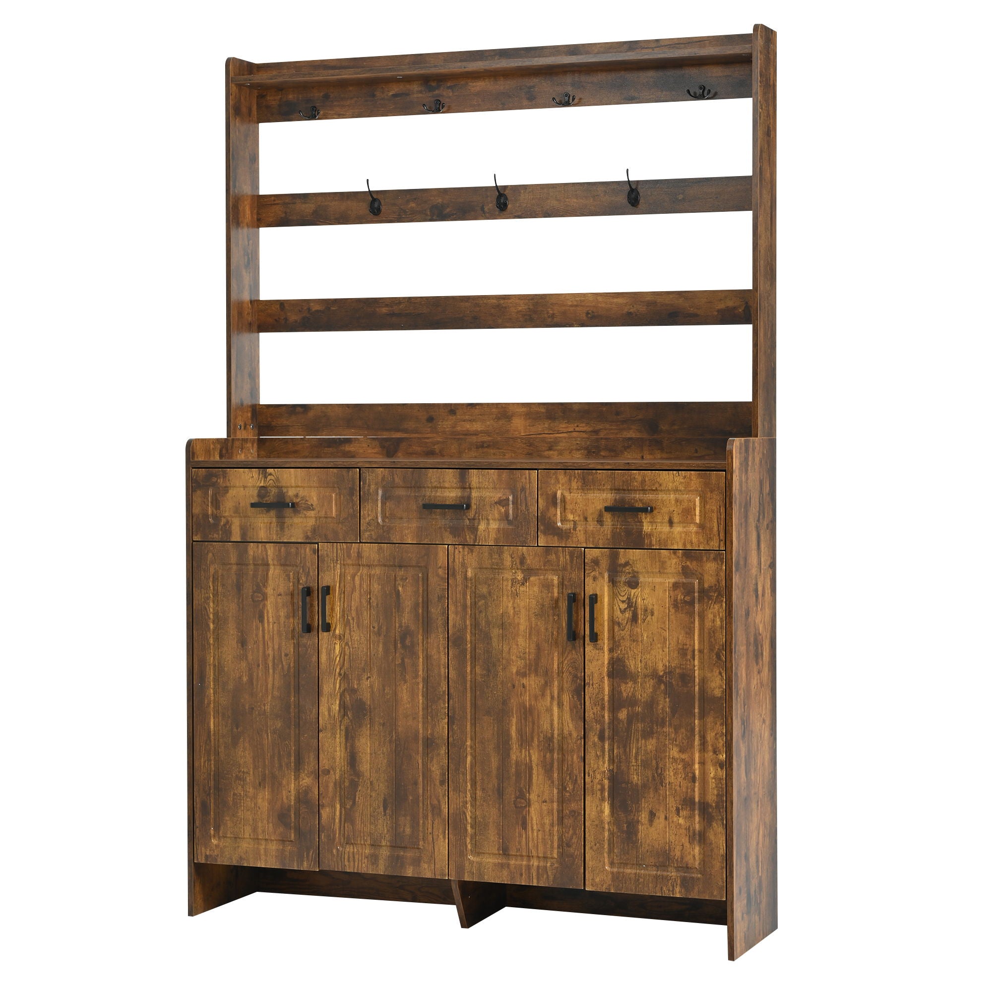 Minimalist 4 Door Shoe Cabinet With Coat Rack, 3 Drawers, 8 Shelves, Metal Hooks And Handles