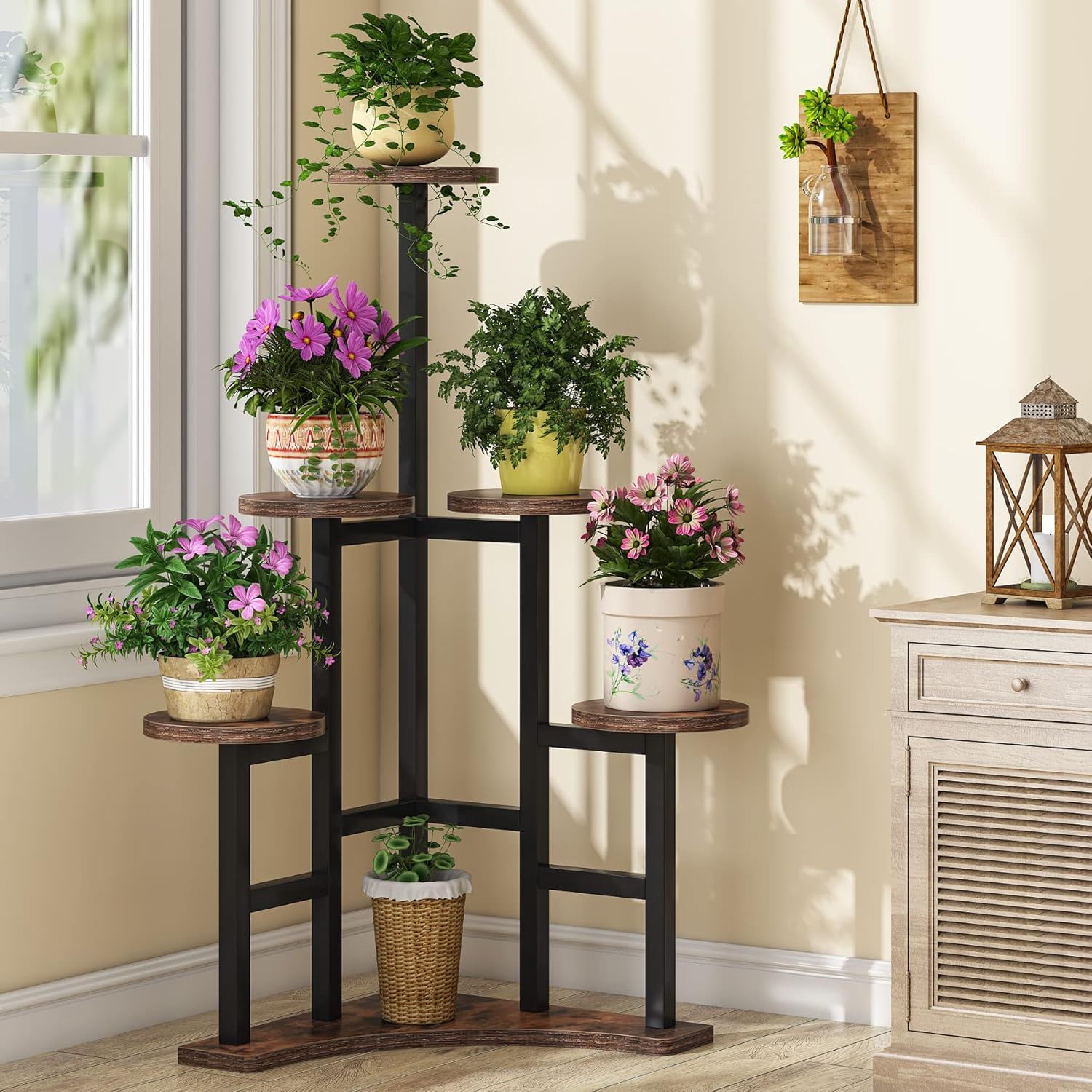 6 Tier Corner Plant Shelf With Frame For Living Room - Rustic Brown
