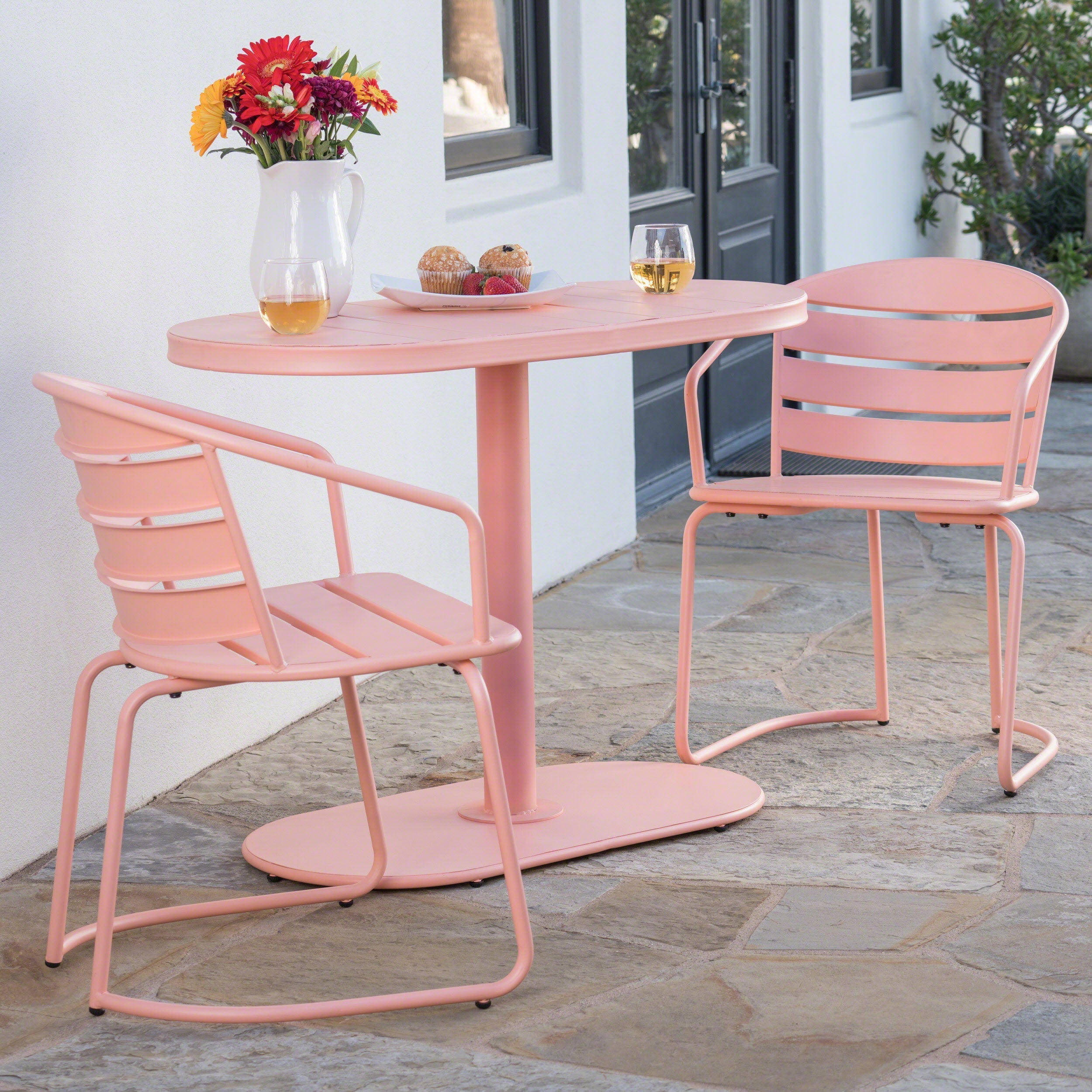 Outdoor Metal Seating Set with Coffee Table and 2 Chairs, Pink