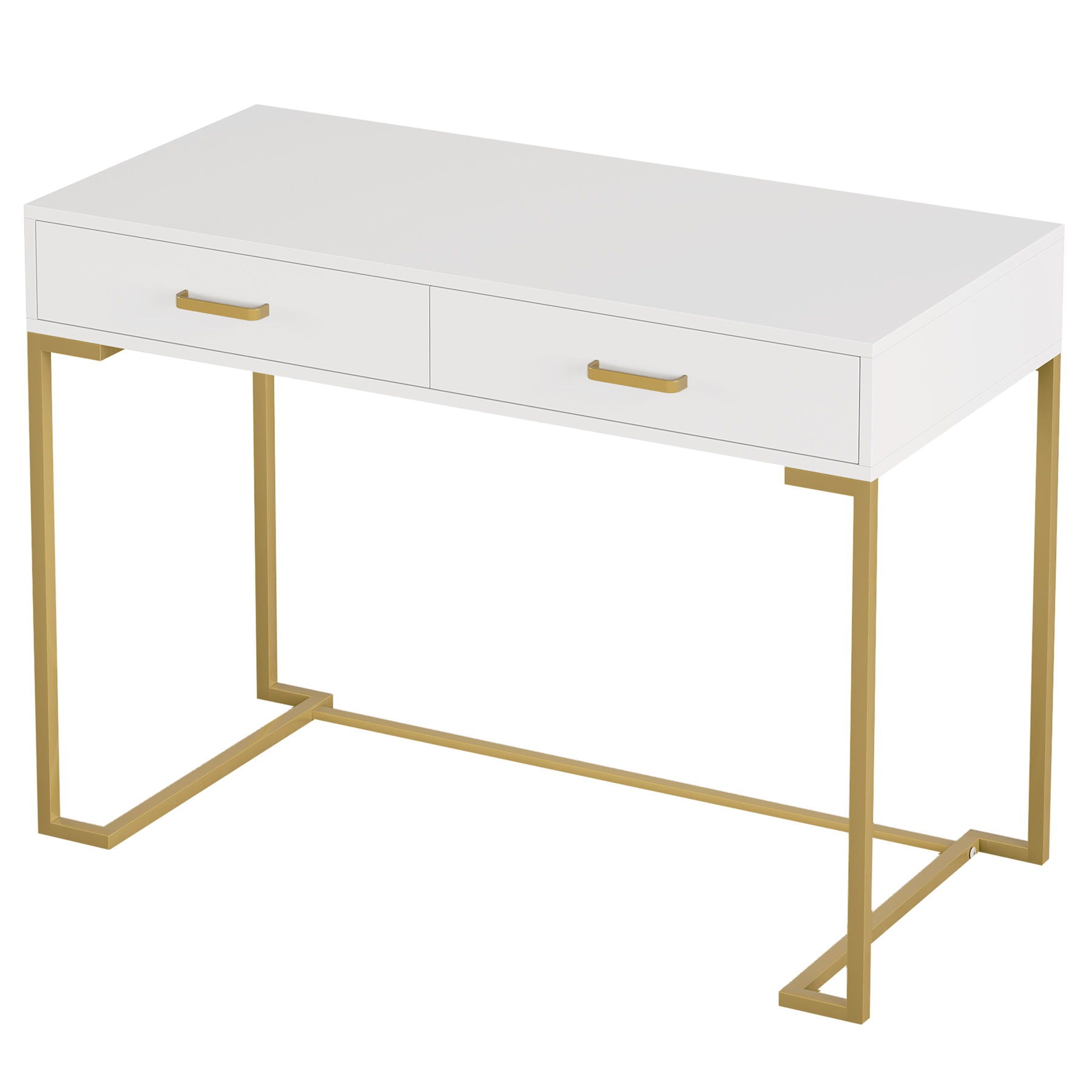 Minimalist Home Office Computer Desk With 2 Drawers, Compact Writing Table For Small Spaces - White / Gold