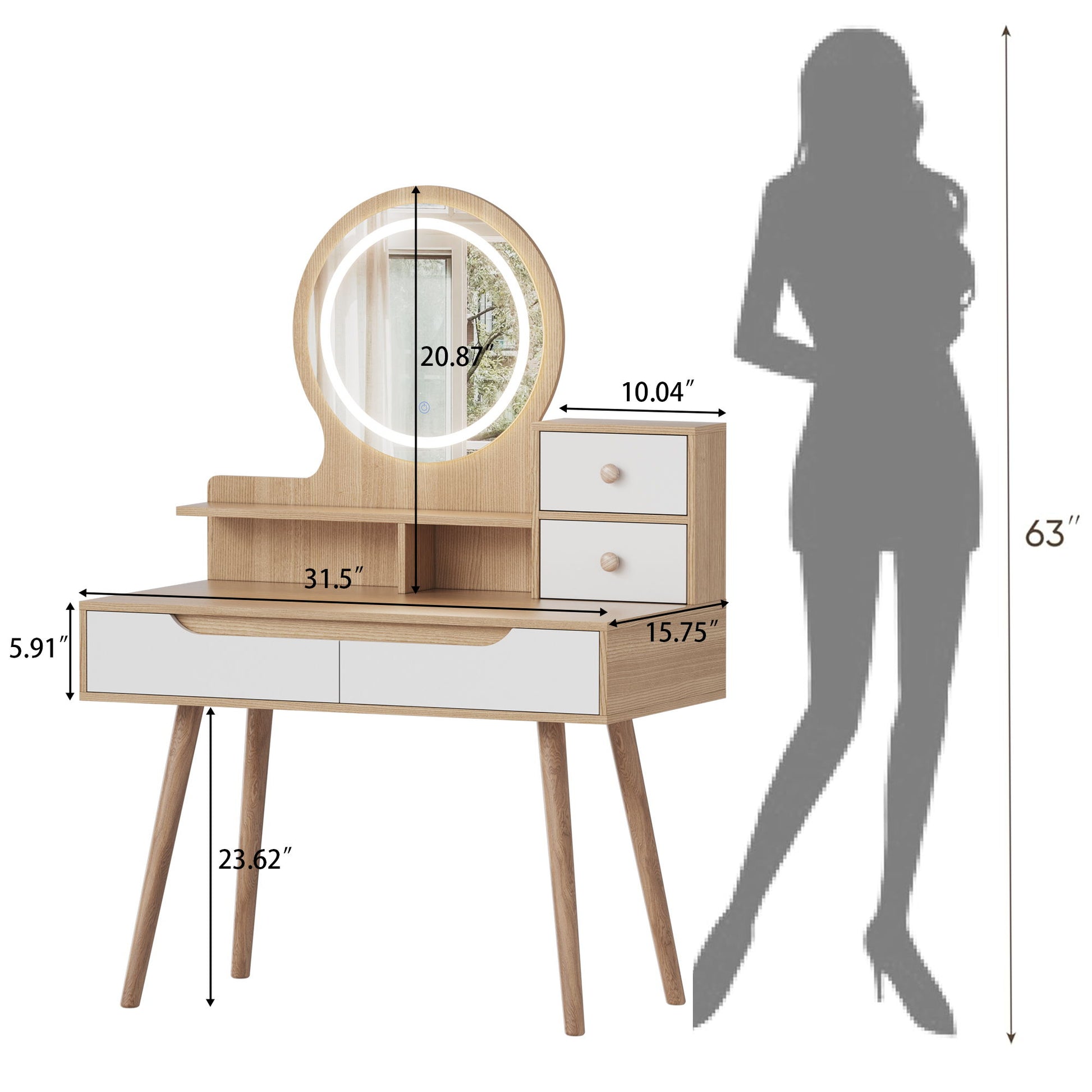 Elegant Makeup Vanity Desk With Adjustable Lighted Mirror Table Feet - American White Oak - Best Buy Furniture