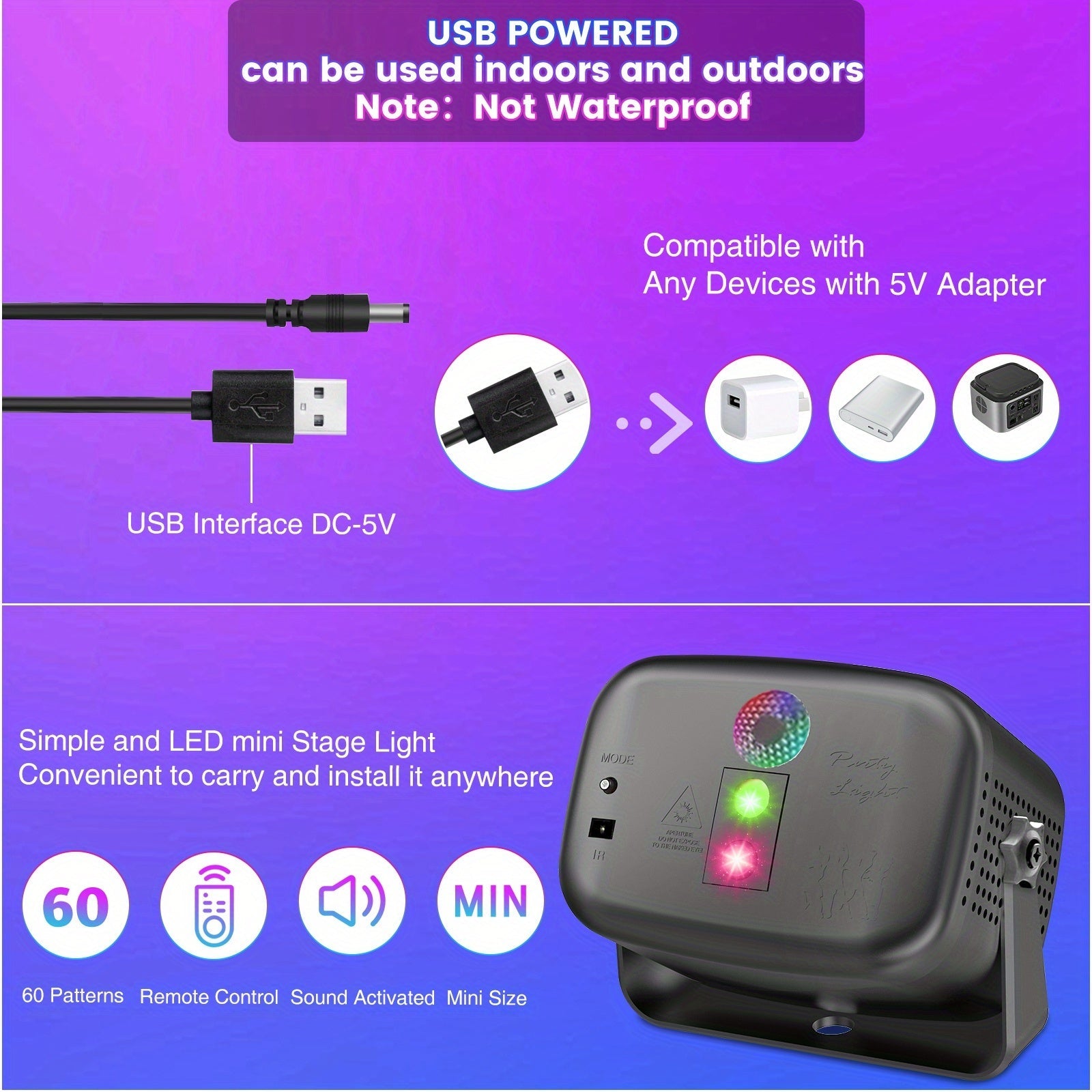 Sound Activated Disco Party Light RGB LED Stage Light USB DJ Lamp with Remote