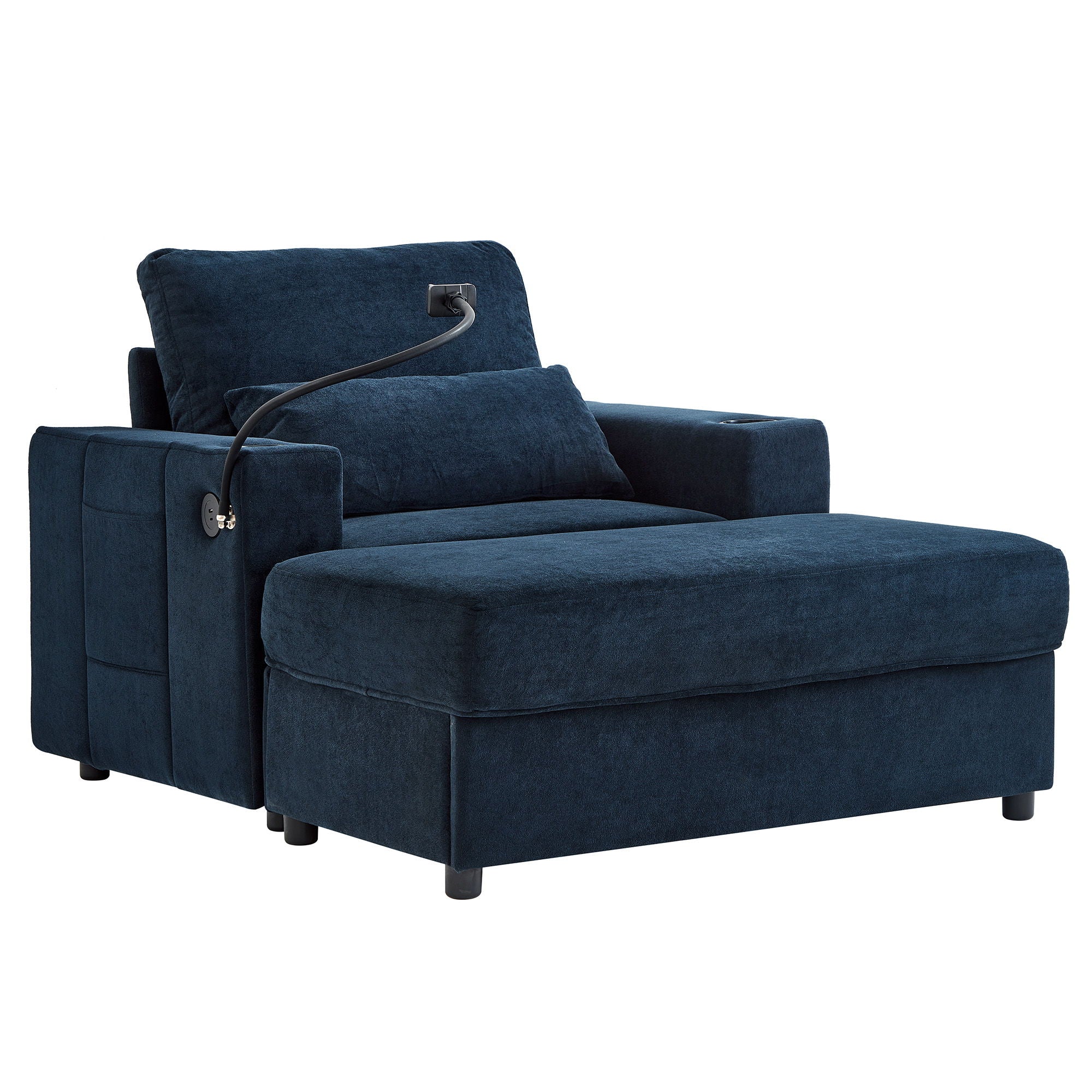 Modern Style Armchair Chaise Lounge Sofa Couch With Movable Storage Ottoman, USB Ports, Cup Holders, Phone Holder, Side Pockets