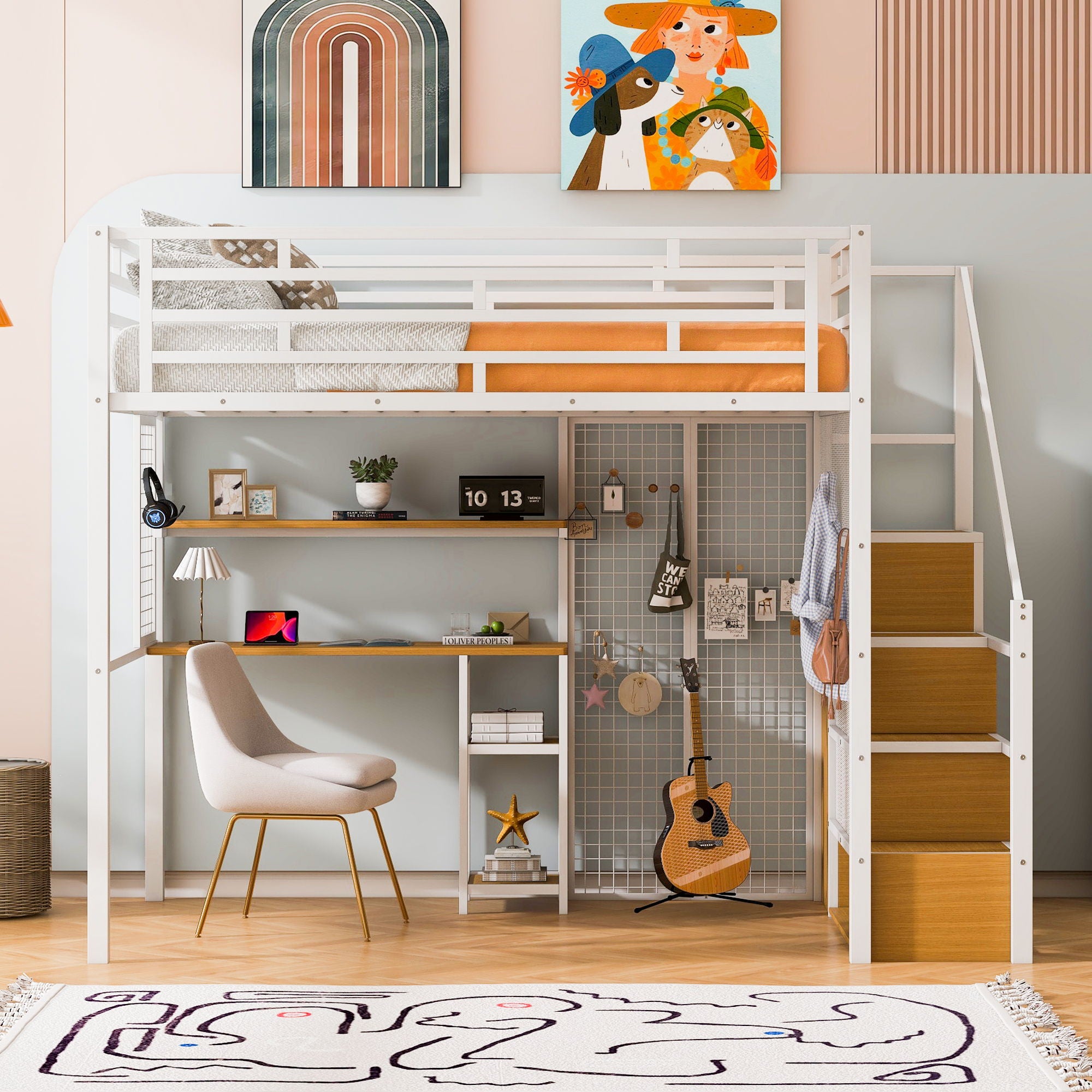Metal Loft Bed With Wardrobe, Desk, Storage Shelves