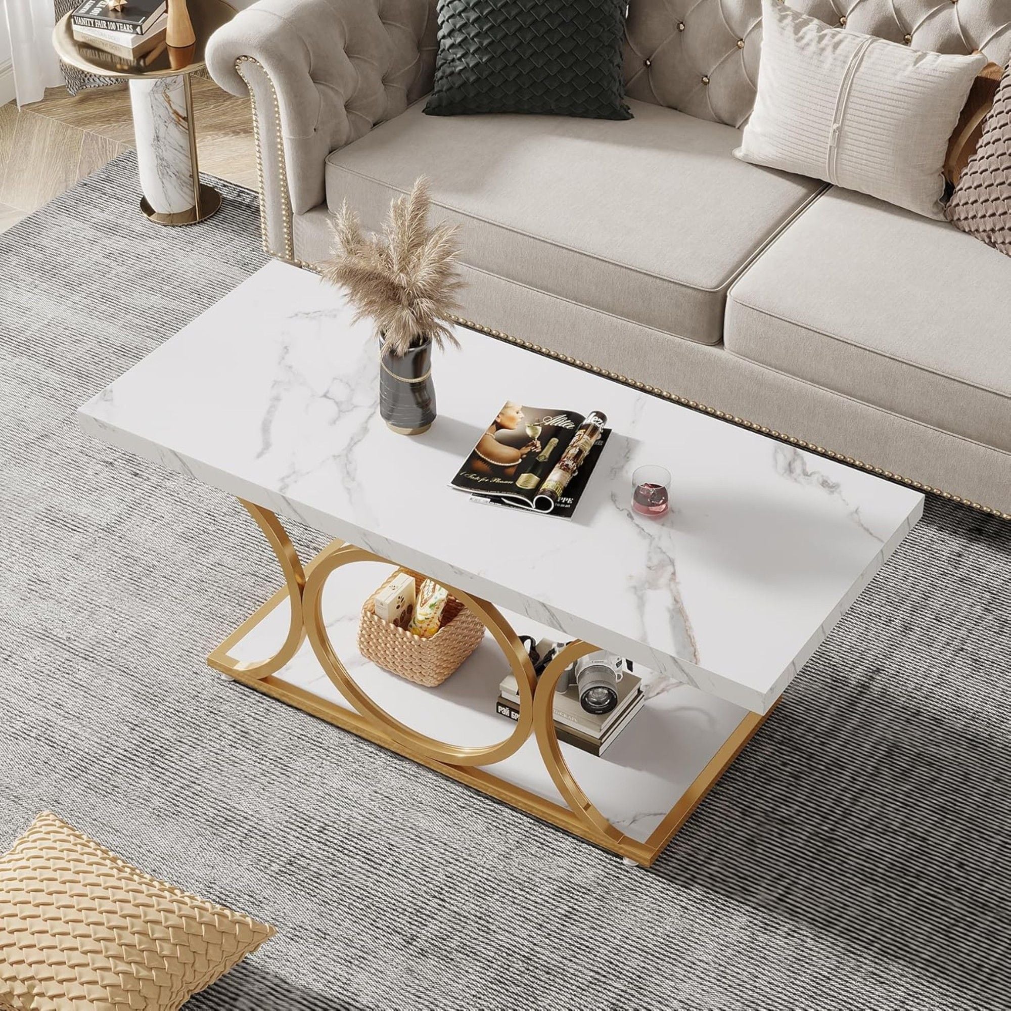 Rectangle Coffee Table, 2 Tier With Geometric Legs, Furniture With Storage Shelf - White / Gold