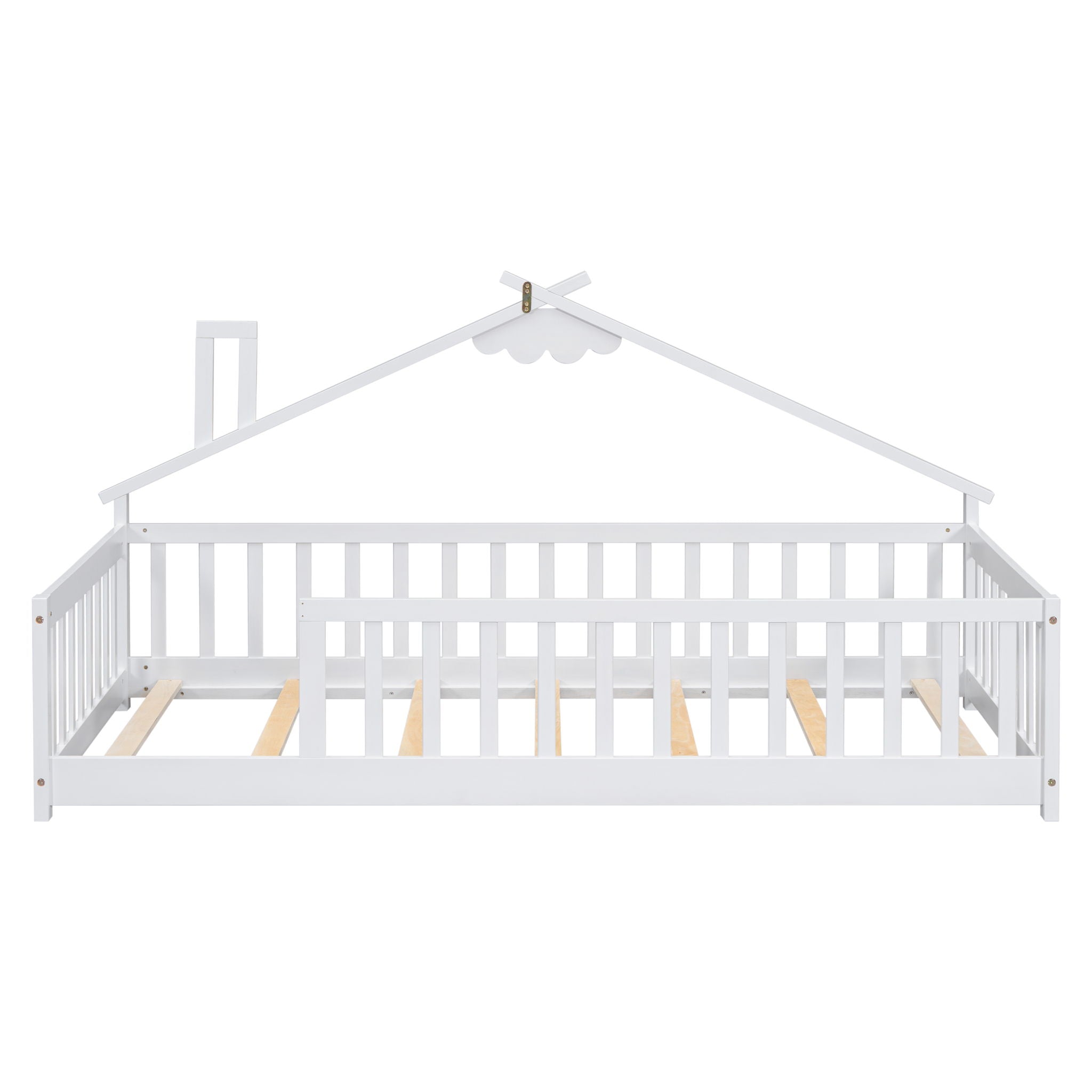 House-Shaped Bedside Floor Bed With Guardrails, Slats, Without Door
